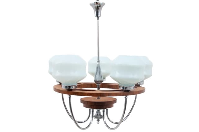 Walnut Art Deco Chandelier, Poland, 1950s - DIMENSION