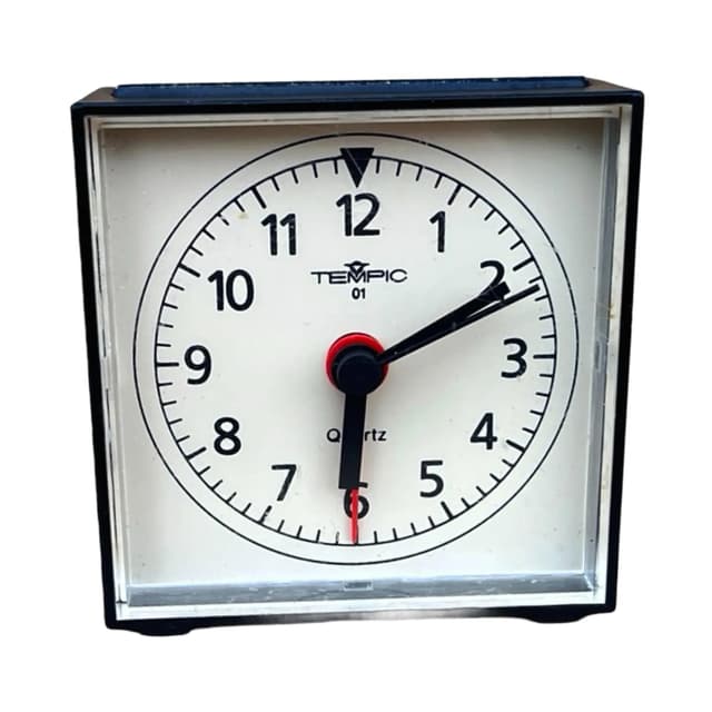 Budzik Tempic, czarny, plastik, Niemcy, lata 70. - WYMIARY