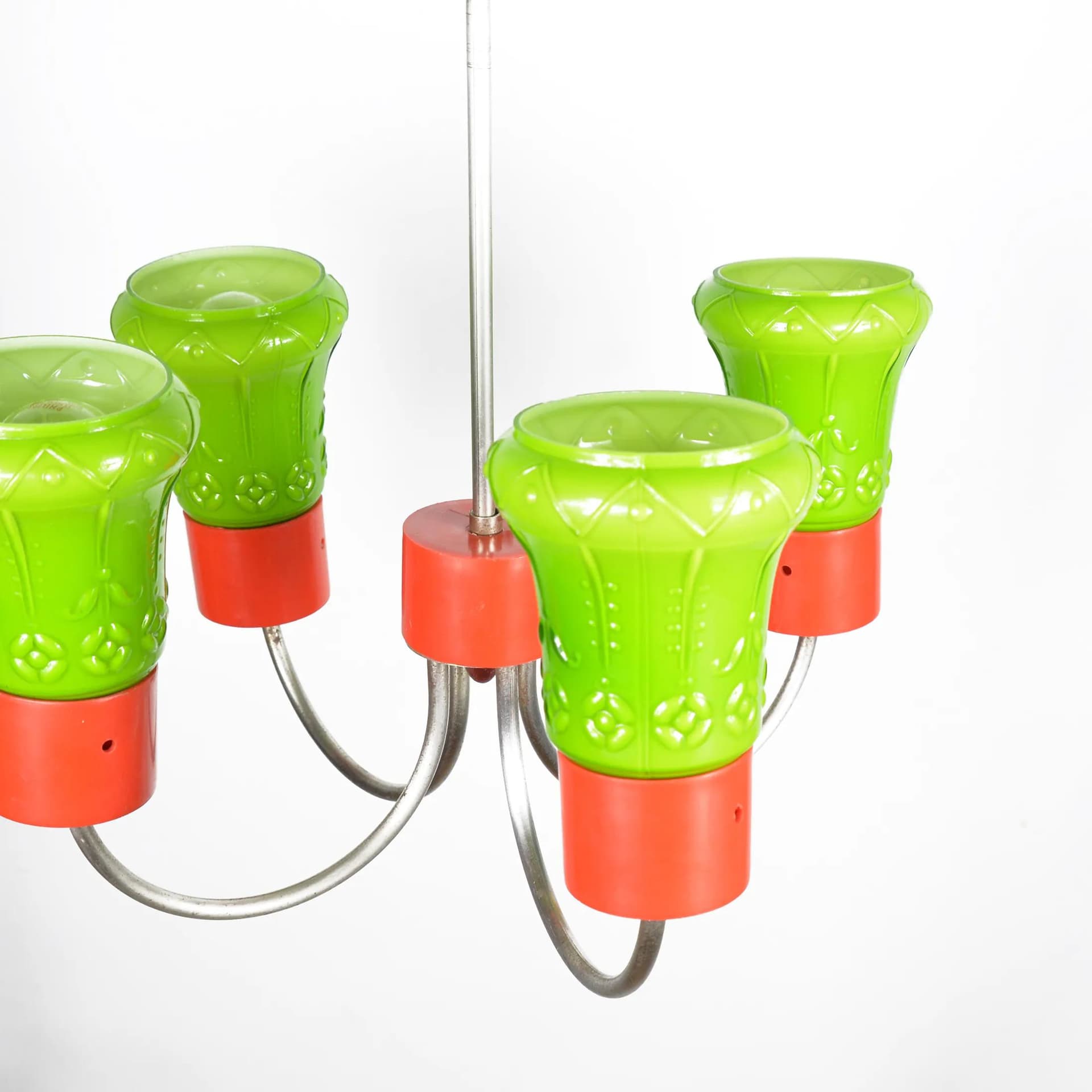 Lampa wisząca, zielony, szkło prasowane, stal chromowana, Polska, lata 70. - 128825