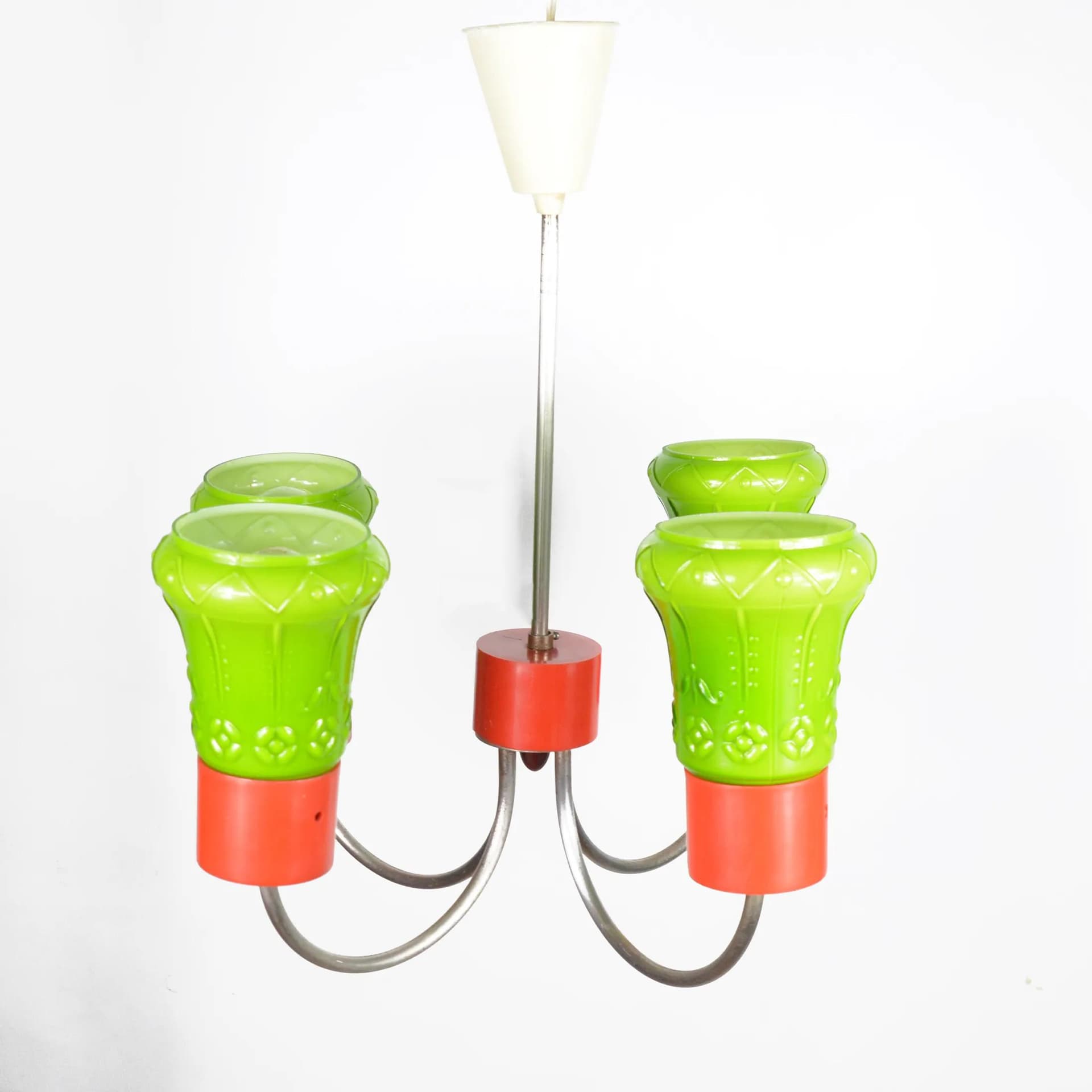 Lampa wisząca, zielony, szkło prasowane, stal chromowana, Polska, lata 70. - 128818