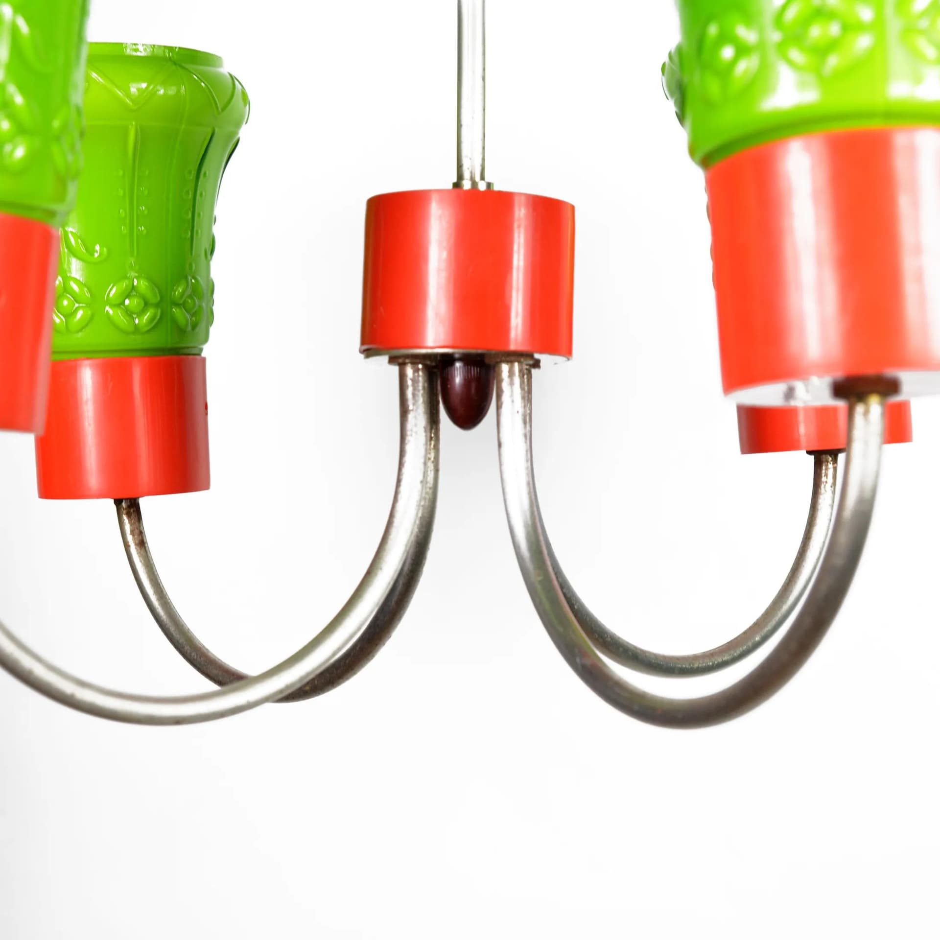 Lampa wisząca, popart, szkło zielone, plastik czerwony, stal chromowana, ZZM Domgos Zabrze, Polska, lata 70. - 128763