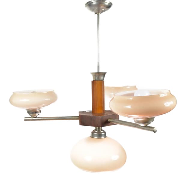 Żyrandol art déco, szkło beżowy, metal chromowany, orzech, Polska, lata 50. - WYMIARY