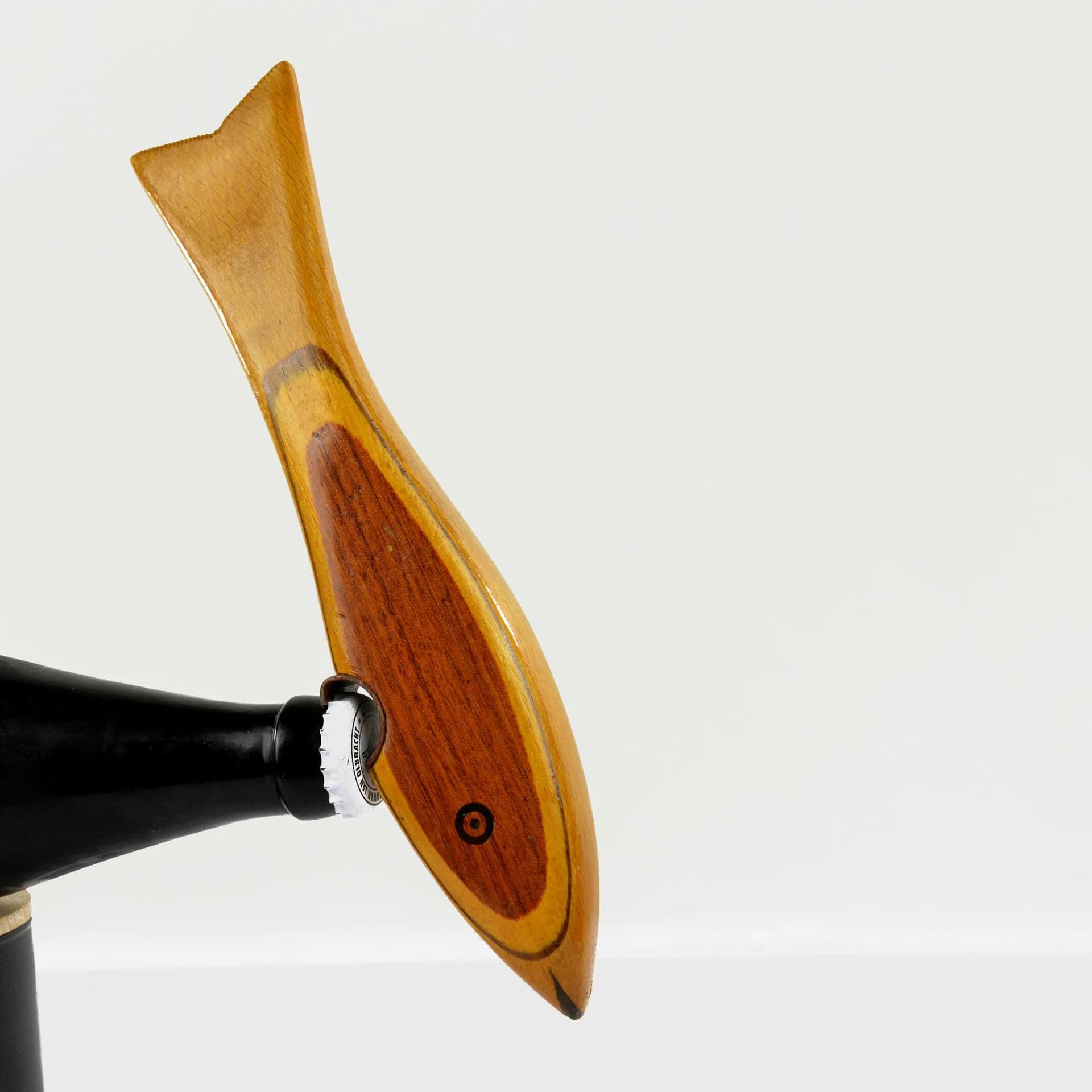 Bottle opener fish, brown beech, grey steel, Poland, 1970s - 128330