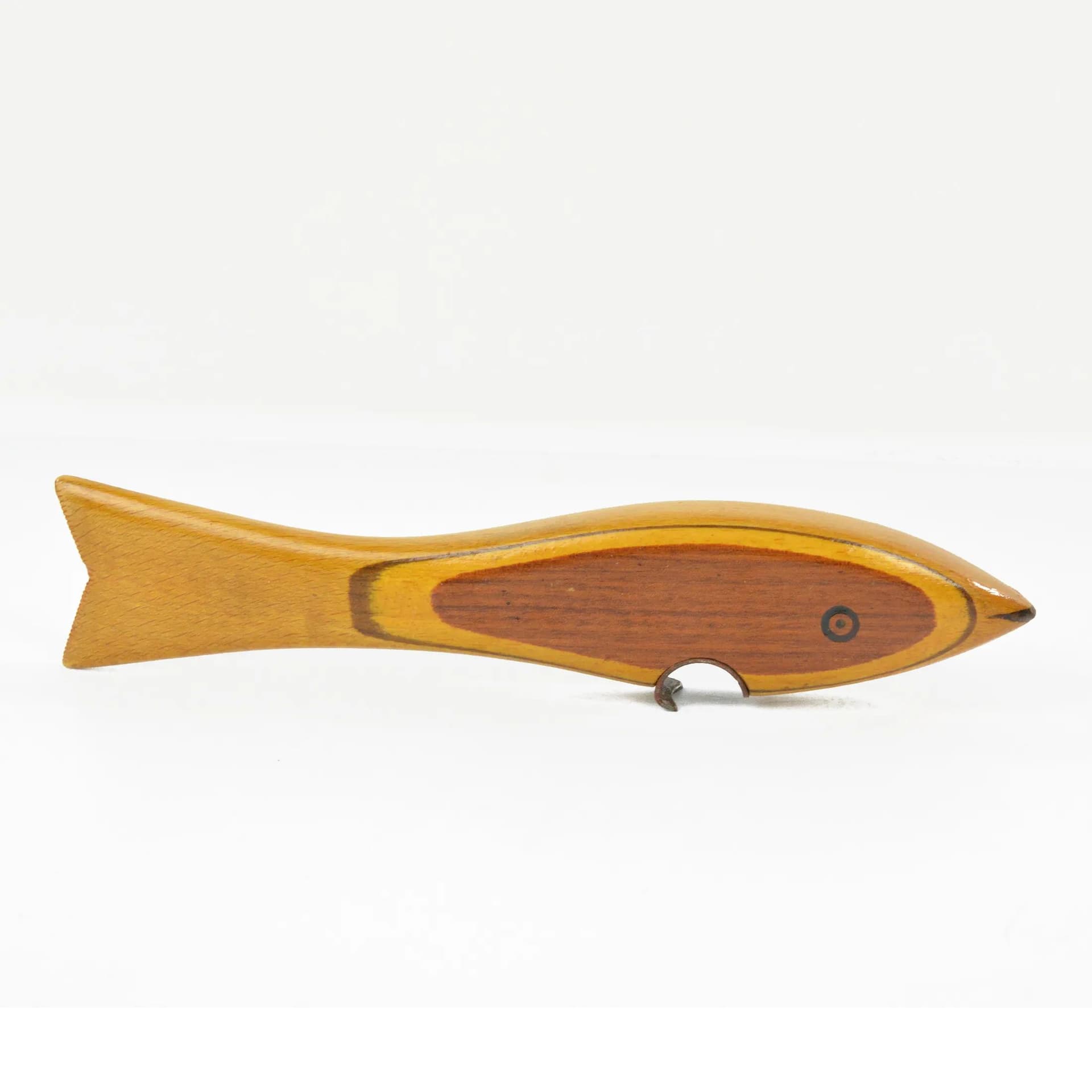 Bottle opener fish, brown beech, grey steel, Poland, 1970s - 128326