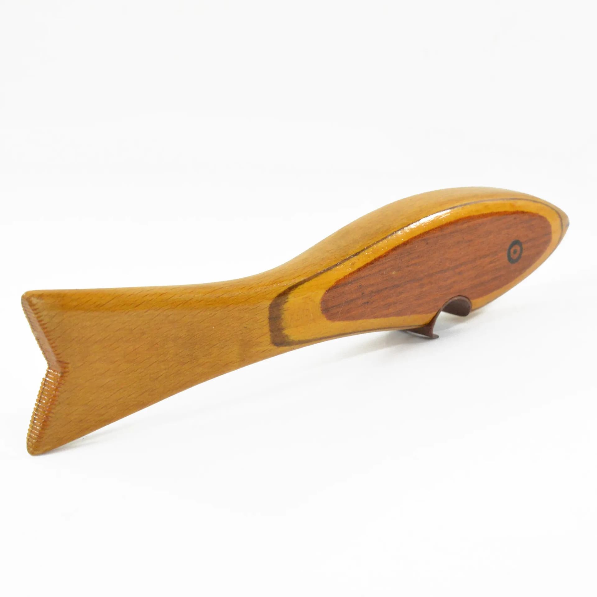 Bottle opener fish, brown beech, grey steel, Poland, 1970s - 128329