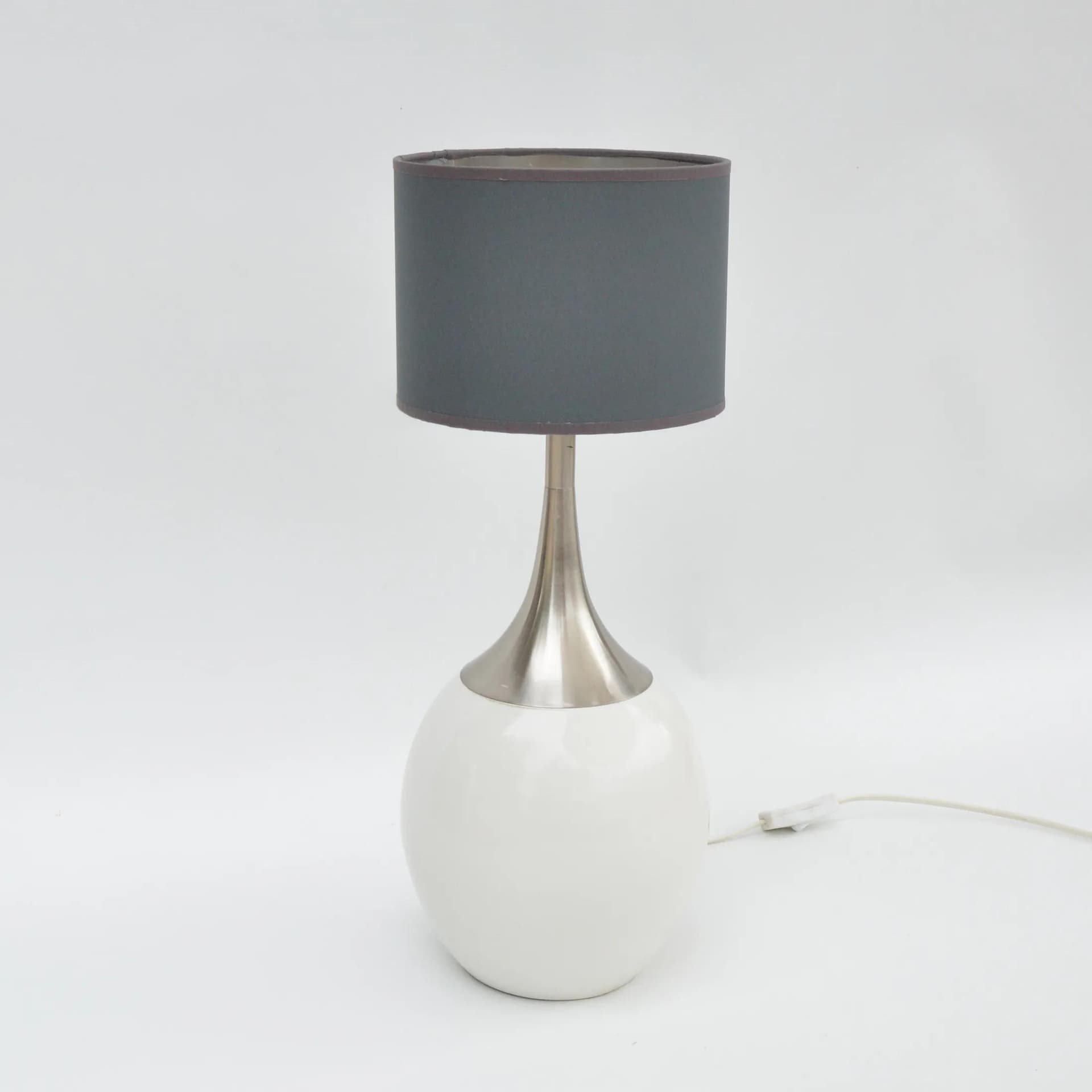 Lampa stołowa, szary klosz, ceramika biała, stal szczotkowana, tkanina, ROGO Leuchten, Niemcy, lata 80. - 128186