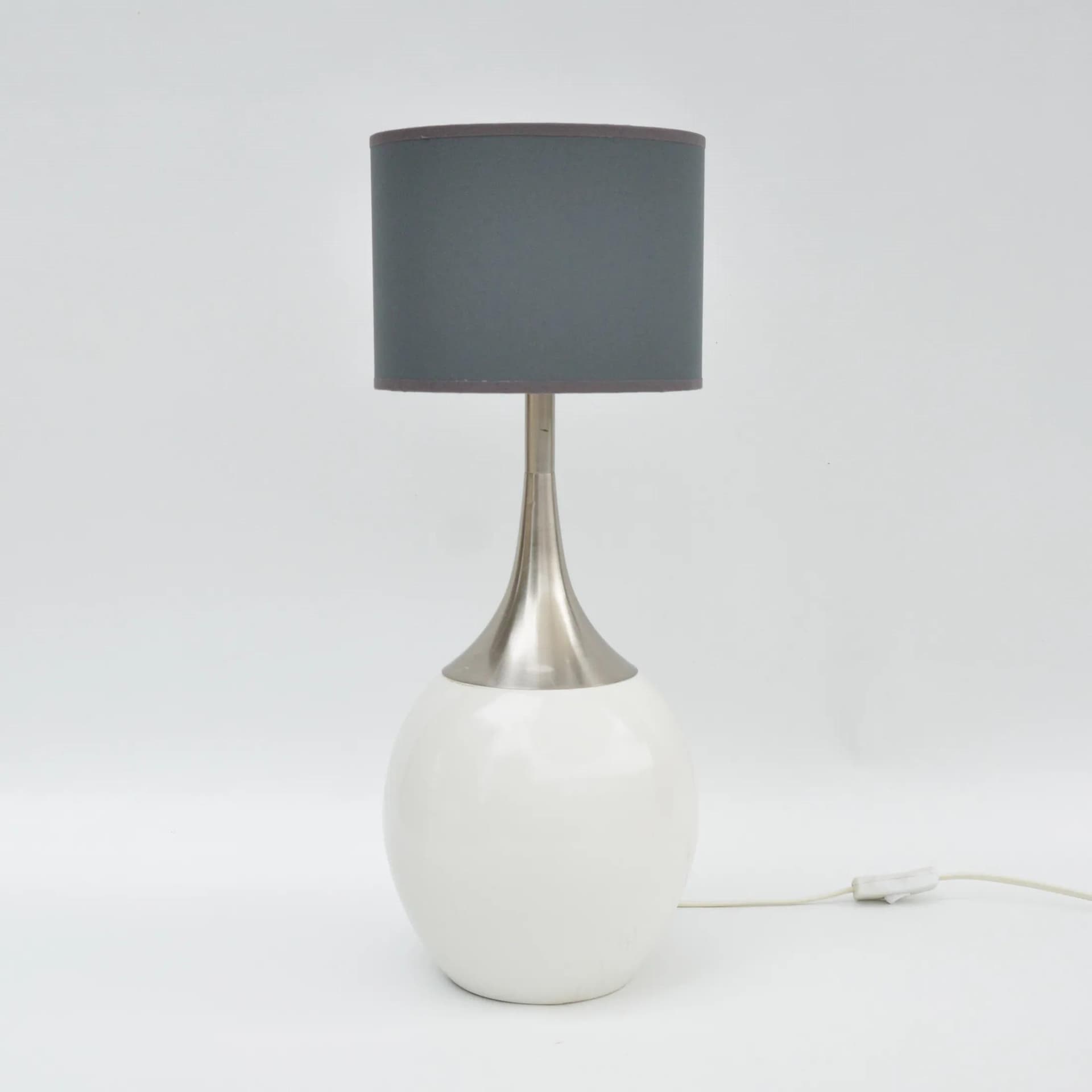 Lampa stołowa, szary klosz, ceramika biała, stal szczotkowana, tkanina, ROGO Leuchten, Niemcy, lata 80. - 128188