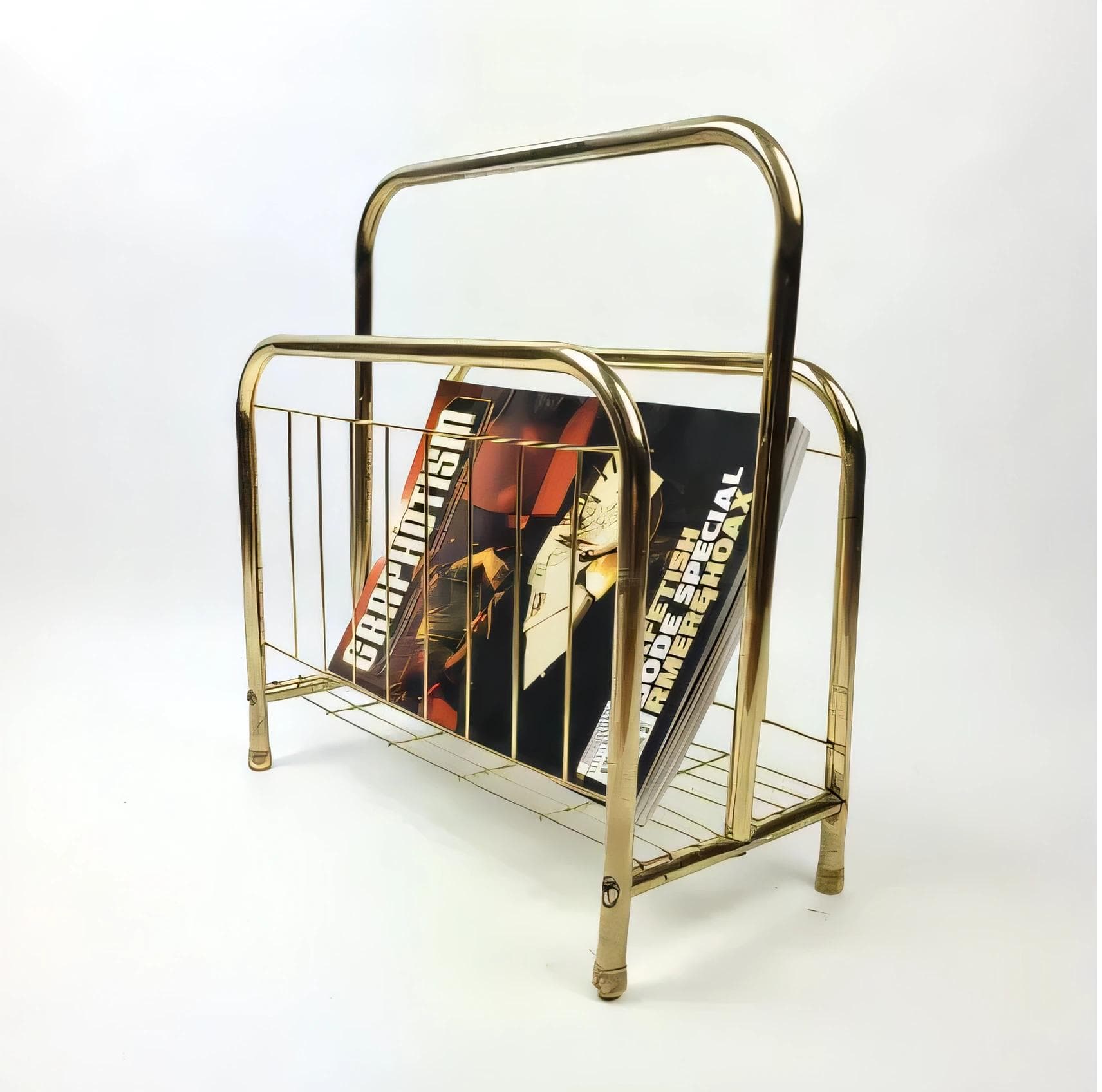 Magazine rack, modernist, golden metal, Belgium, 1980s. - 127898