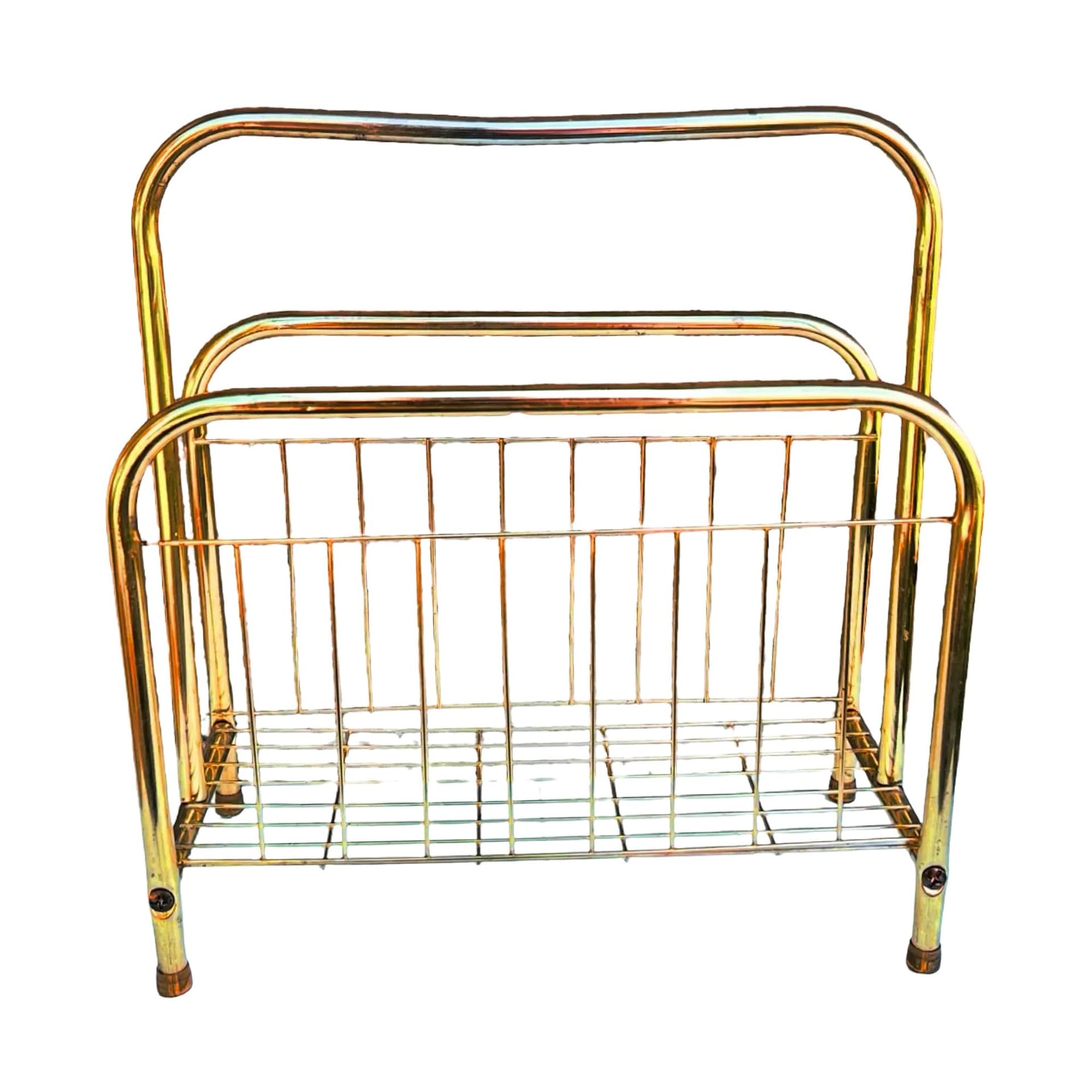 Magazine rack, modernist, golden metal, Belgium, 1980s.