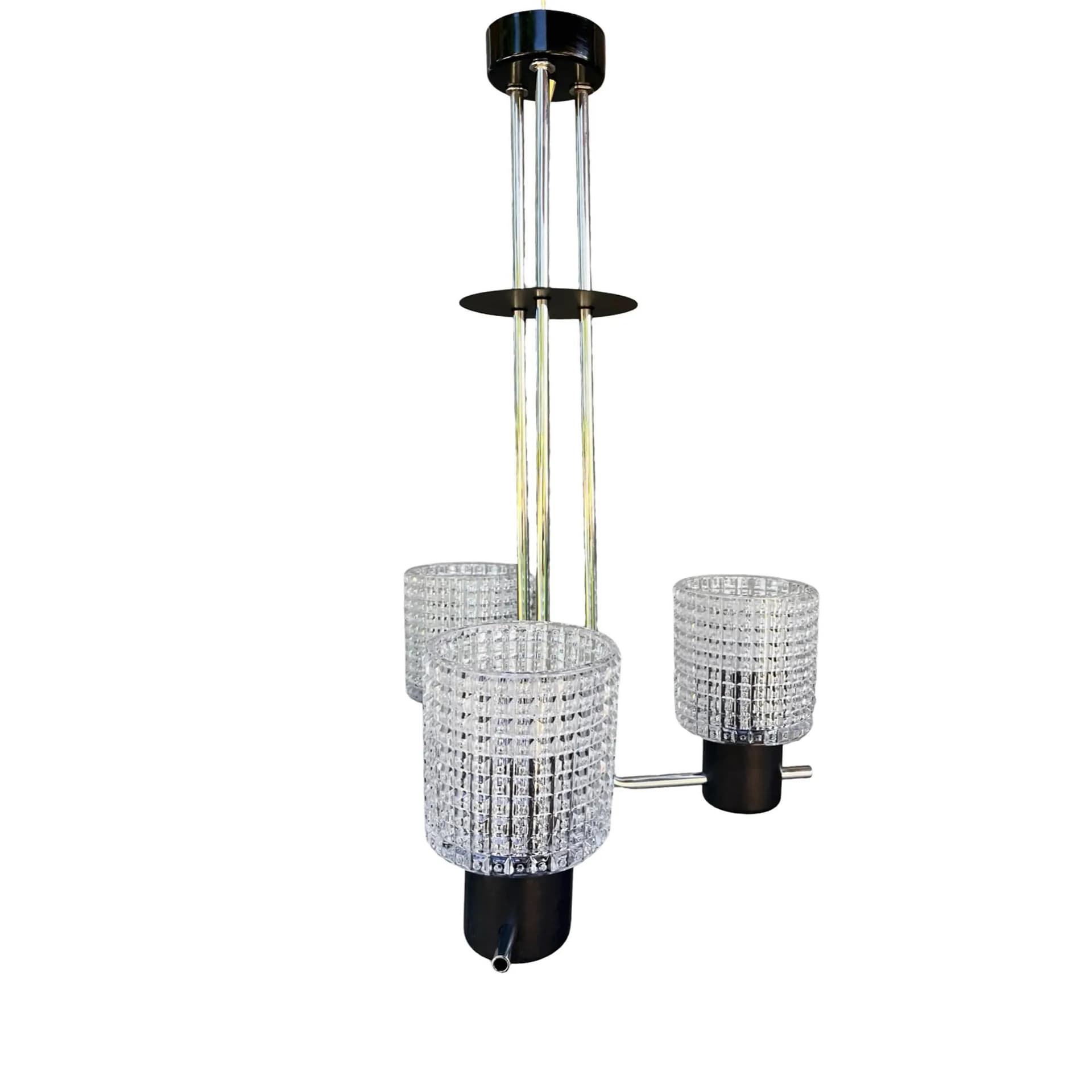 Lampa wisząca, tłoczone szkło transparentne, metal czarny chromowany, Czechosłowacja, lata 70. - 127889