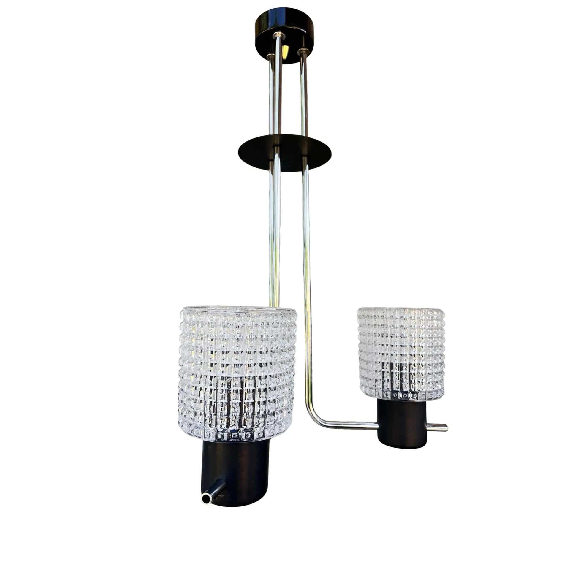 Lampa wisząca, tłoczone szkło transparentne, metal czarny chromowany, Czechosłowacja, lata 70. - 127885