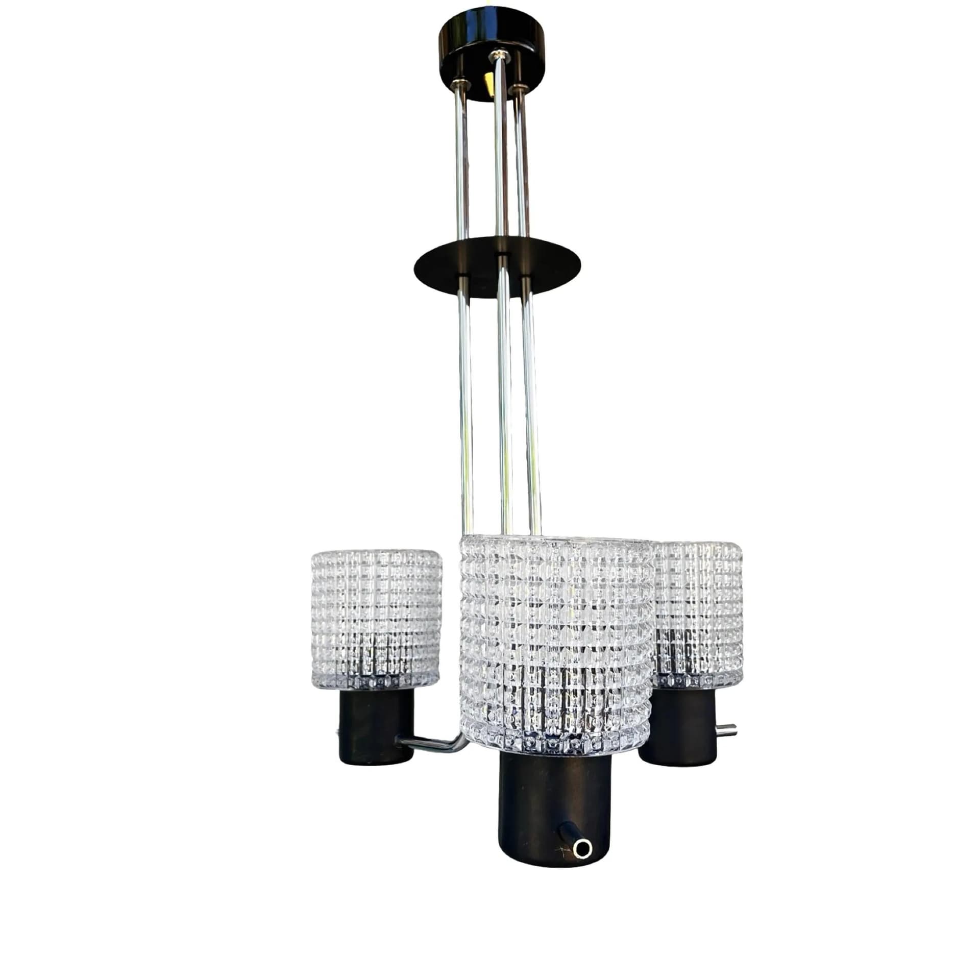 Lampa wisząca, tłoczone szkło transparentne, metal czarny chromowany, Czechosłowacja, lata 70. - 127887