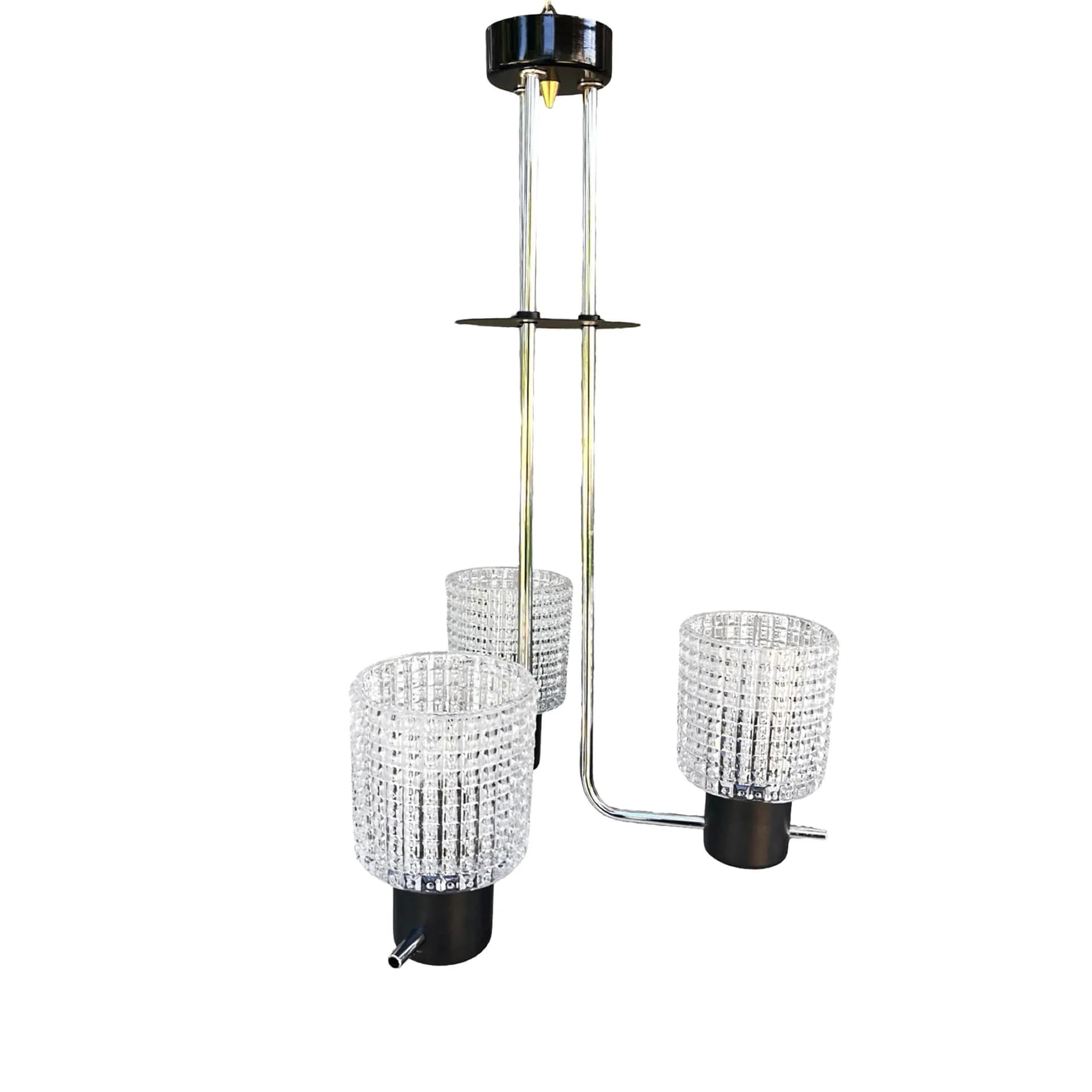 Lampa wisząca, tłoczone szkło transparentne, metal czarny chromowany, Czechosłowacja, lata 70. - 127882