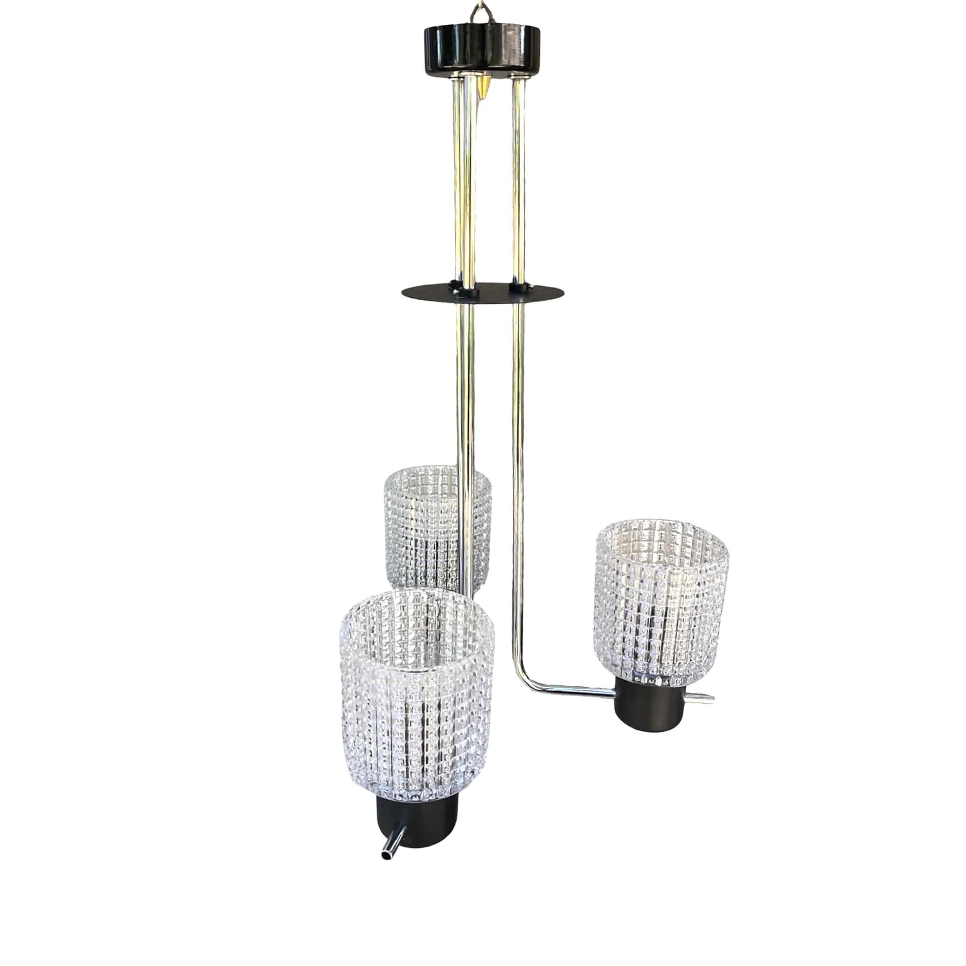 Lampa wisząca, tłoczone szkło transparentne, metal czarny chromowany, Czechosłowacja, lata 70. - 127883