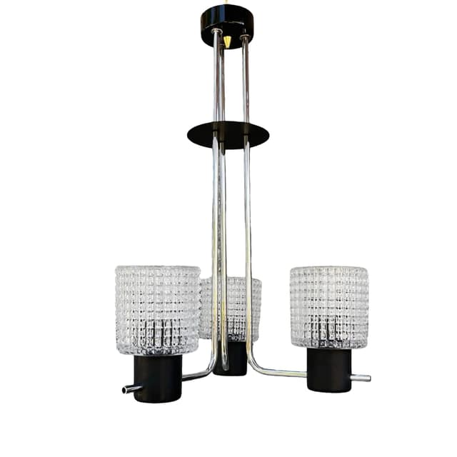 Lampa wisząca, tłoczone szkło transparentne, metal czarny chromowany, Czechosłowacja, lata 70. - WYMIARY