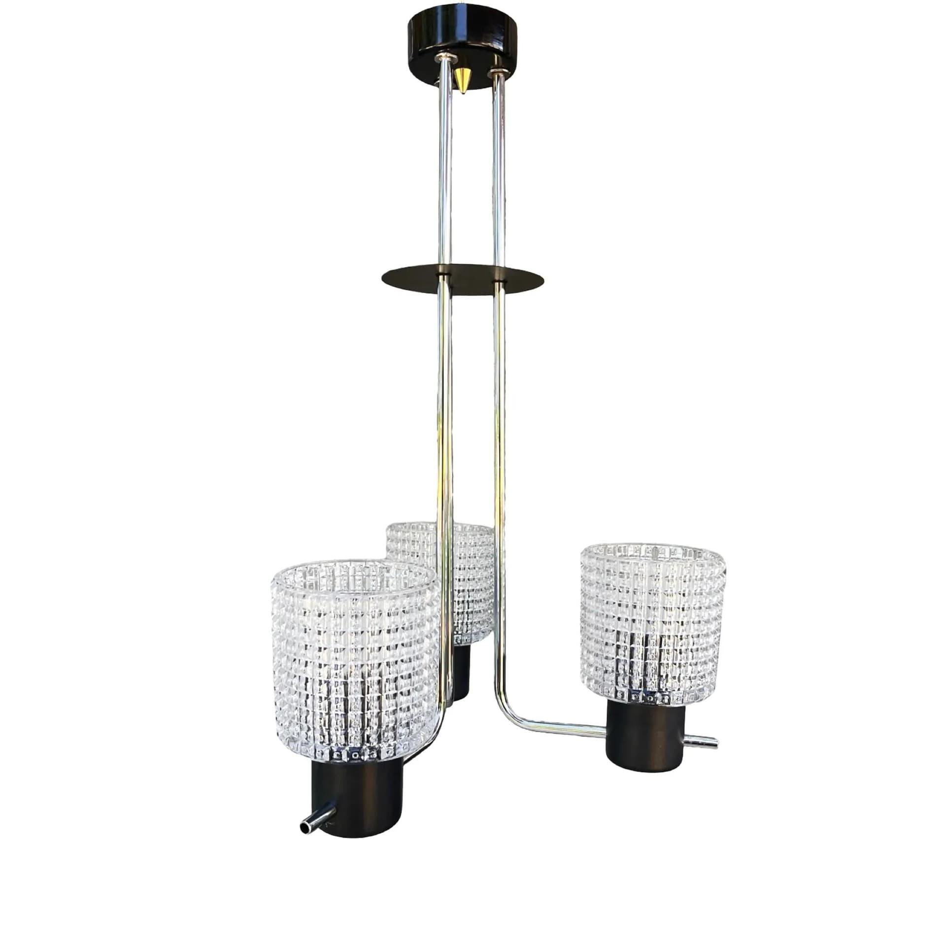 Lampa wisząca, tłoczone szkło transparentne, metal czarny chromowany, Czechosłowacja, lata 70. - 127881