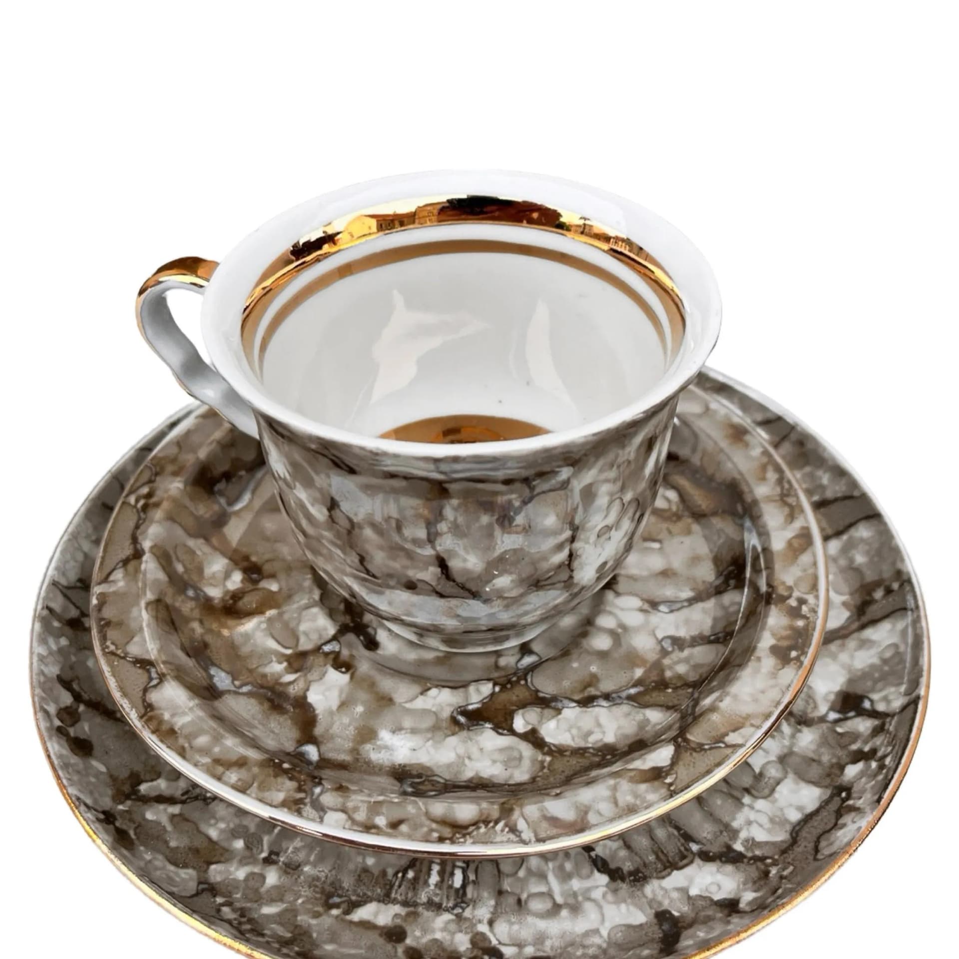 Zestaw śniadaniowy marmurkowy, szary, porcelana, Polska, lata 70. - 127837