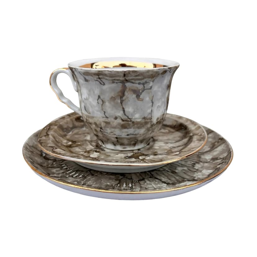 Zestaw śniadaniowy marmurkowy, szary, porcelana, Polska, lata 70.