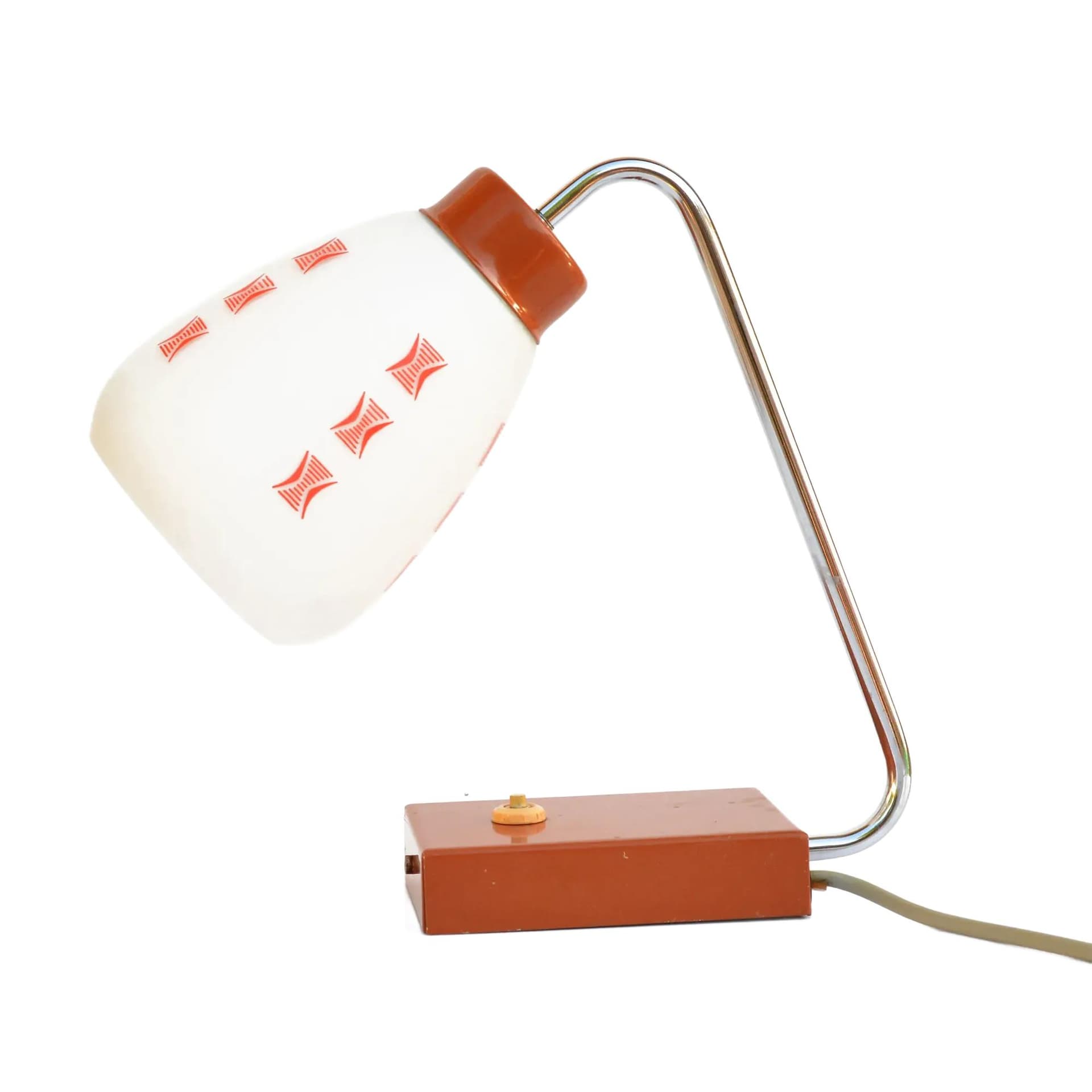 Lampa stołowa L 197-1383, szkło mleczne, stal brązowy, chrom, proj. J. Hurka, Lidokov, Czechosłowacja, lata 60.