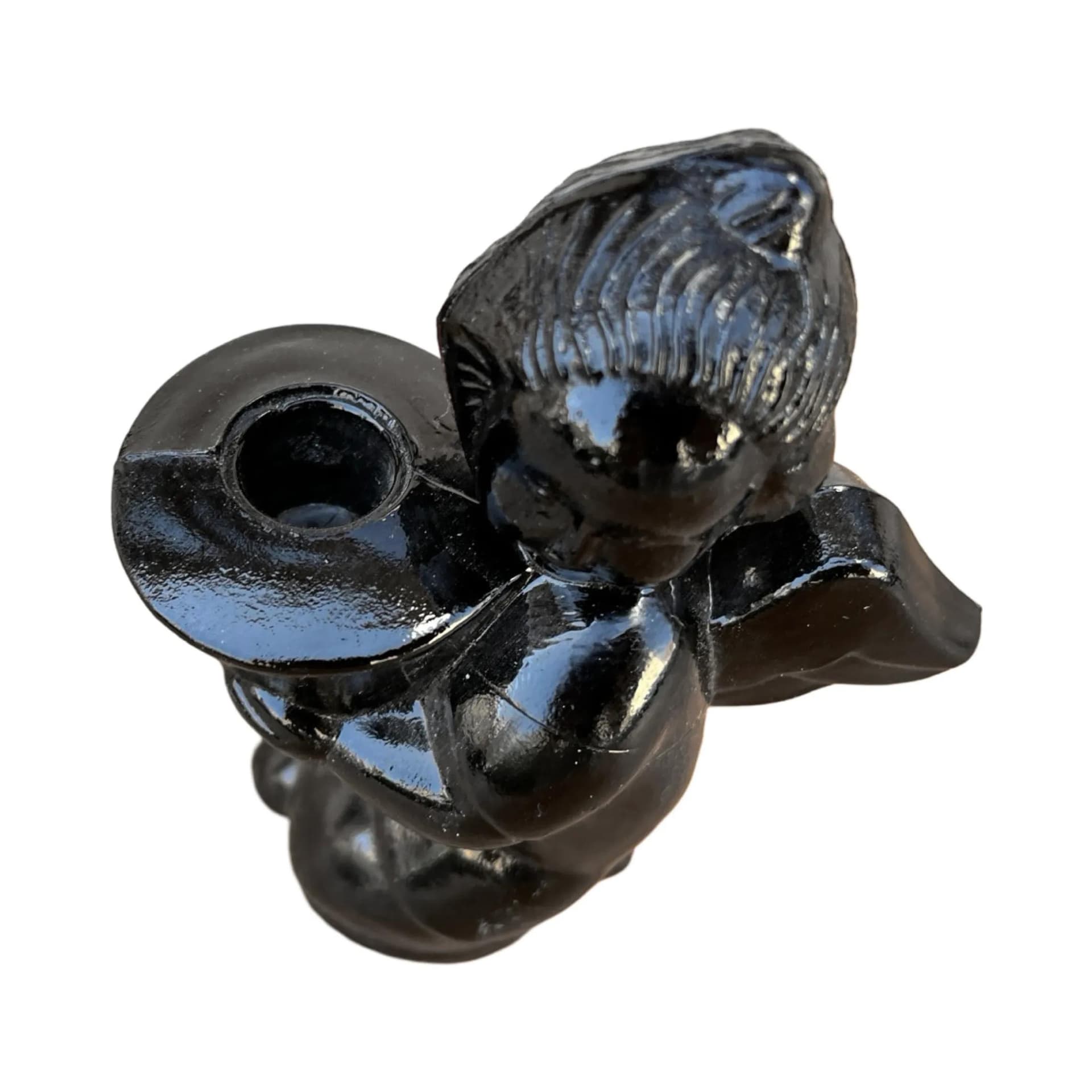 Candle holder angel, black hyalite glass, Libochovice, Czechoslovakia, 1960s. - 127184