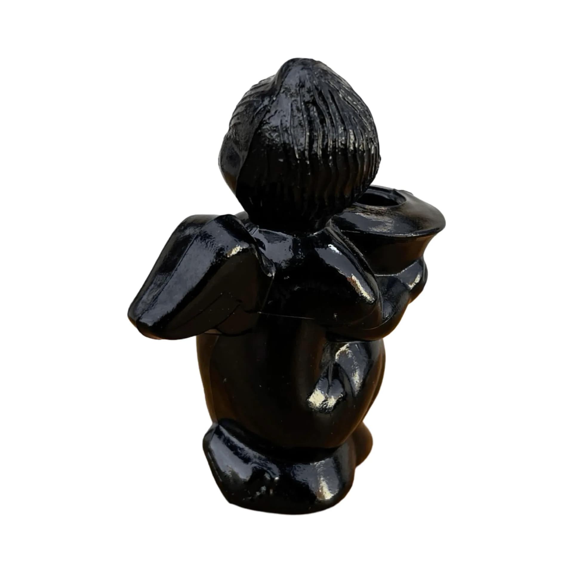 Candle holder angel, black hyalite glass, Libochovice, Czechoslovakia, 1960s. - 127181