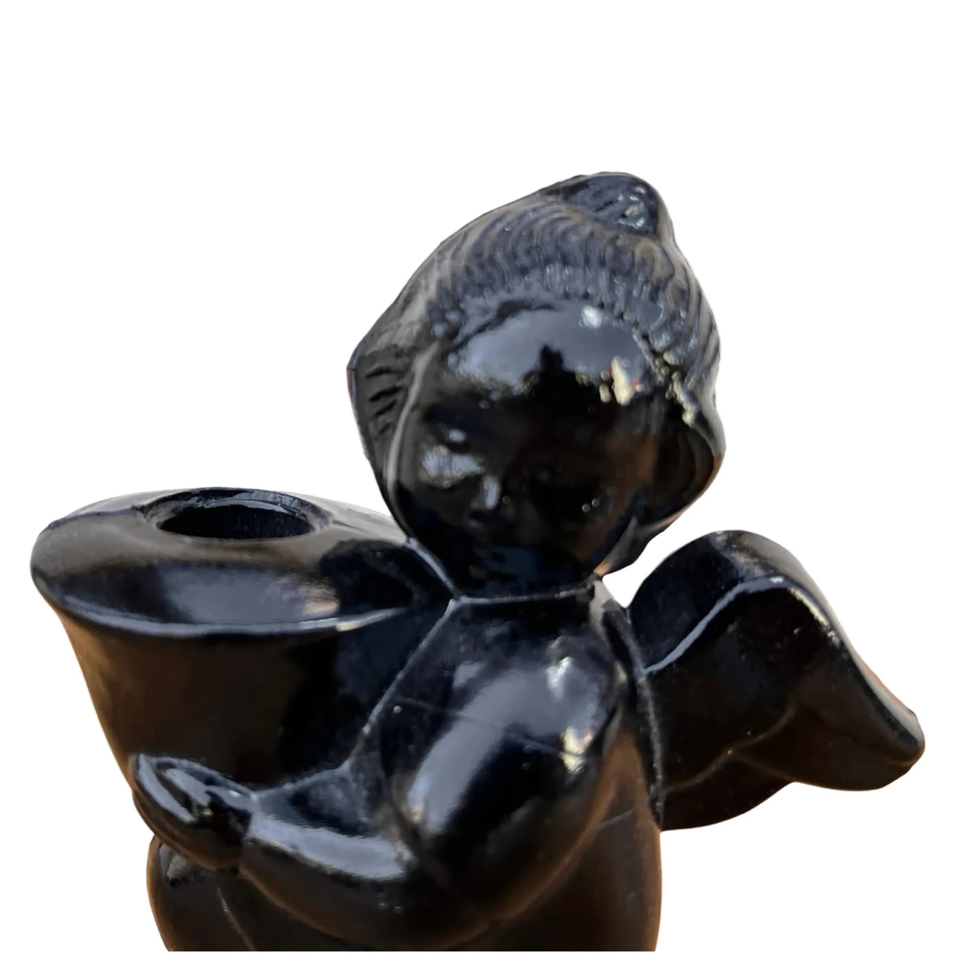 Candle holder angel, black hyalite glass, Libochovice, Czechoslovakia, 1960s. - 127185