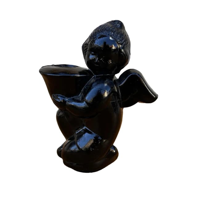 Candle holder angel, black hyalite glass, Libochovice, Czechoslovakia, 1960s. - DIMENSION