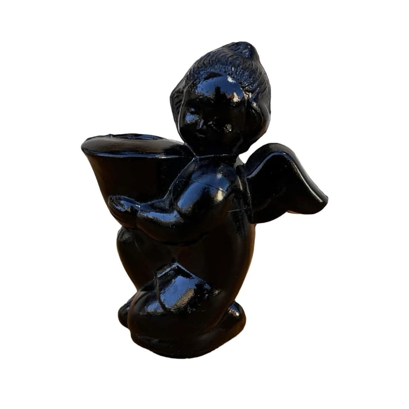 Candle holder angel, black hyalite glass, Libochovice, Czechoslovakia, 1960s.