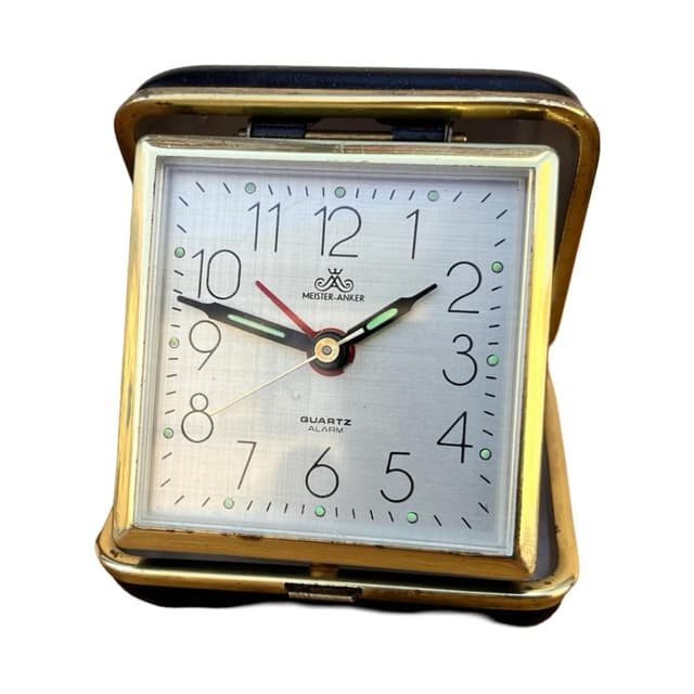 Budzik podróżny, Meister-Anker, srebrny, plastik, Niemcy, lata 70. - WYMIARY