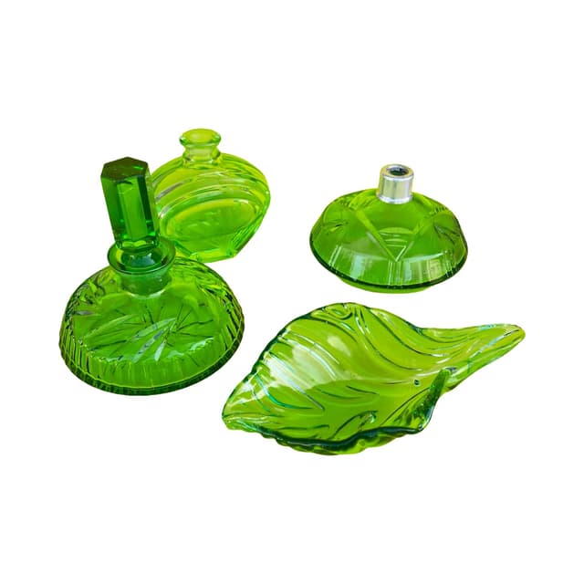 Zestaw łazienkowy art déco, szkło jasnozielone przezroczyste, Niemcy, lata 30. - WYMIARY