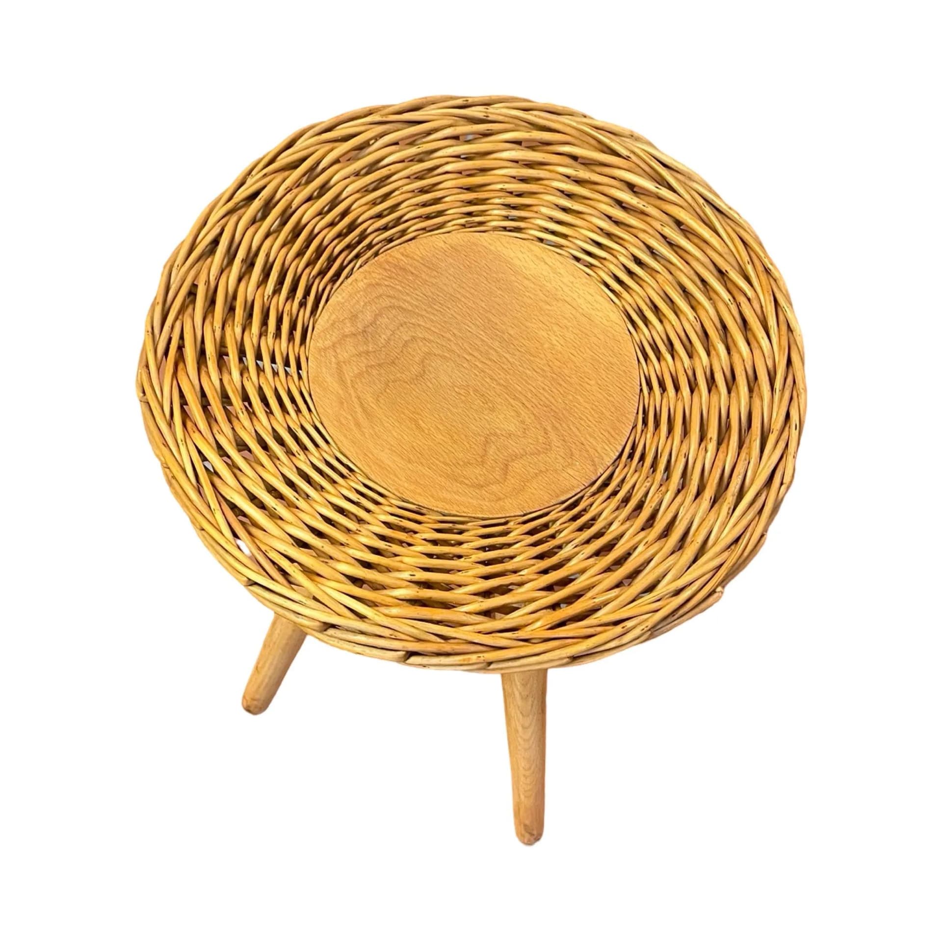 Taboret, rattan brązowy, proj. J. Kalous, Czechosłowacja, lata 60. - 126763