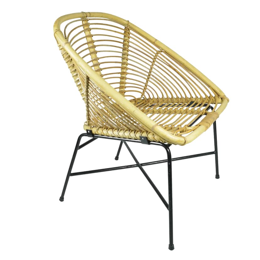 Fotel kubełkowy, rattan żółty, metal czarny, Dania, lata 60.