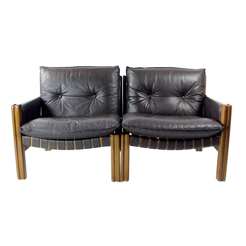 Sofa dwuosobowa Eduard, orzech ciemny, skóra ciemnobrązowa, proj. B. Hála, TON, Czechy, lata 80.