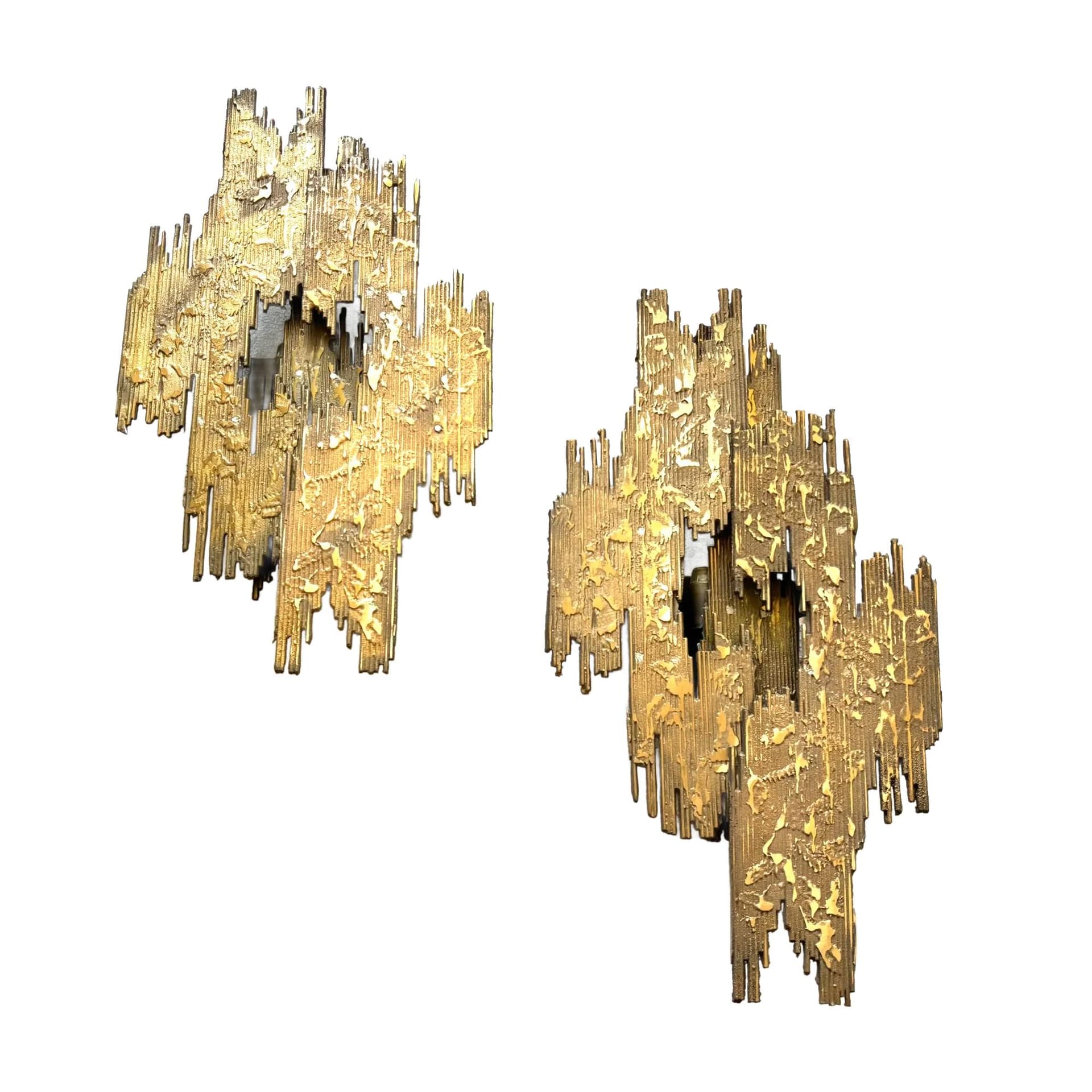 Para kinkietów brutalistycznych, brąz złocisty, proj. H. Fernandez, Francja, lata 70.