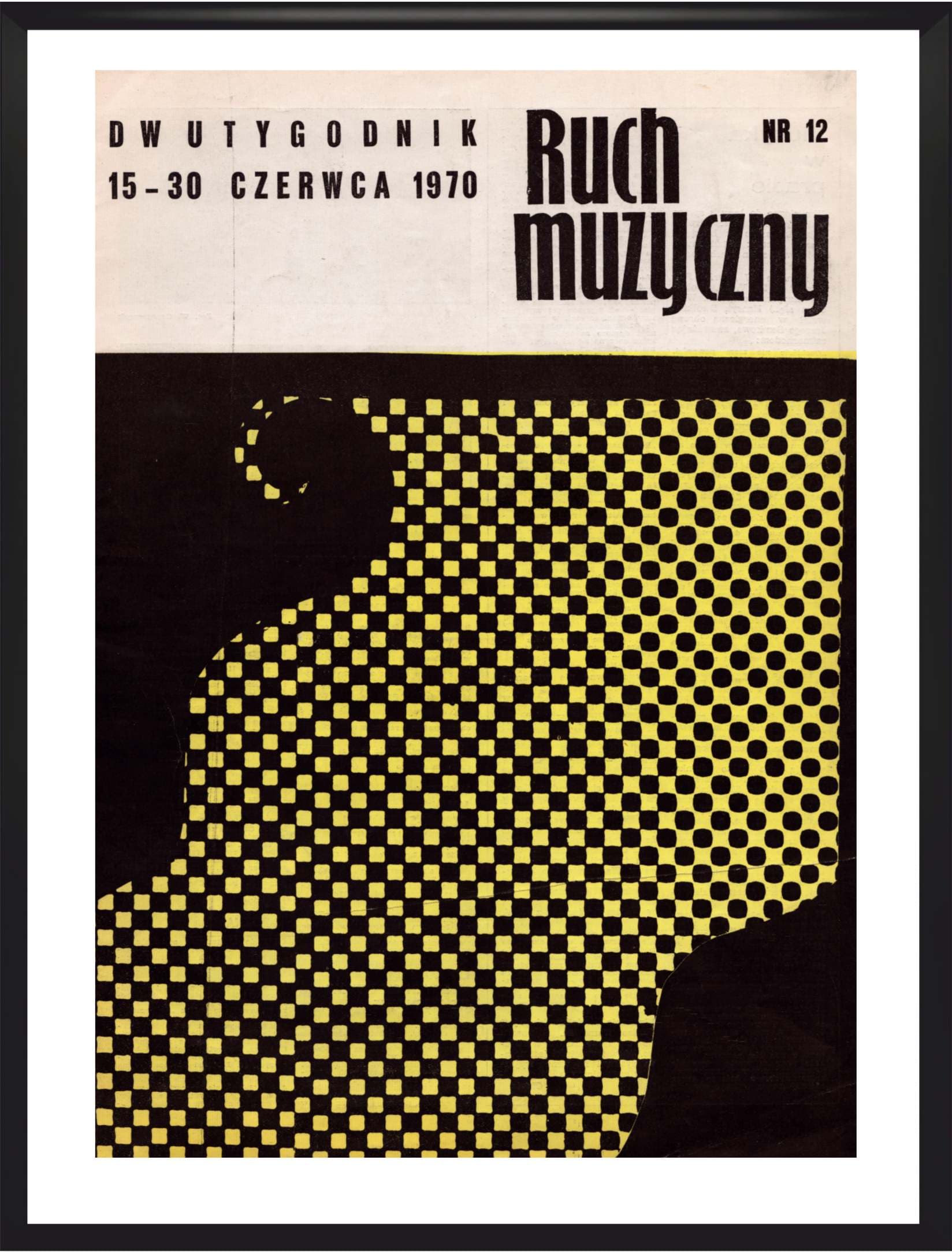 Okładka Ruch Muzyczny 30x40 cm, żółty czarny biały, papier, aut. K. Ziołowska, Polska, lata 70.