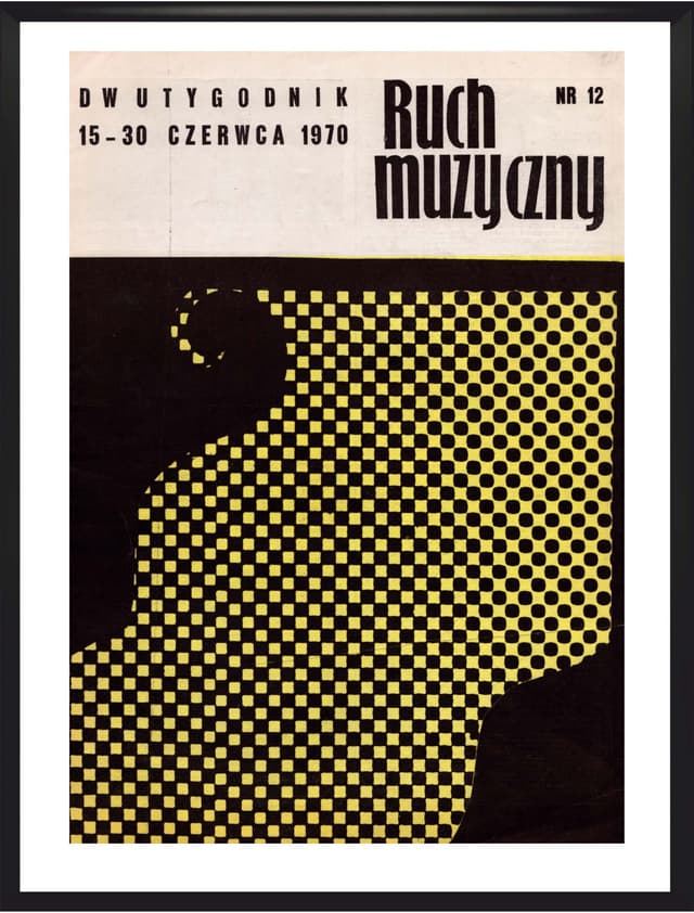 Okładka Ruch Muzyczny 30x40 cm, żółty czarny biały, papier, aut. K. Ziołowska, Polska, lata 70. - WYMIARY