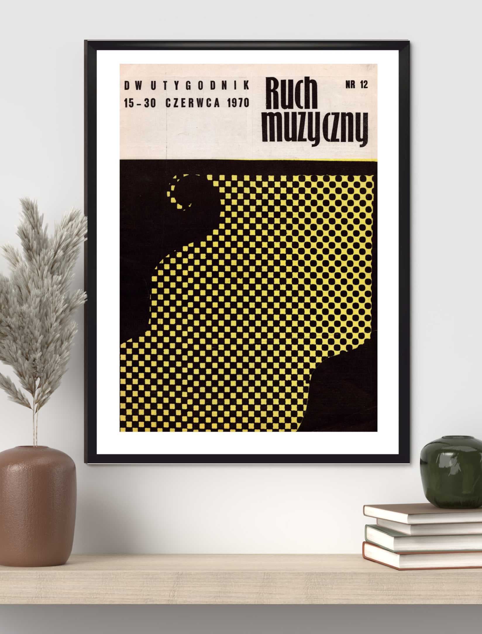 Okładka Ruch Muzyczny 30x40 cm, żółty czarny biały, papier, aut. K. Ziołowska, Polska, lata 70. - 130898