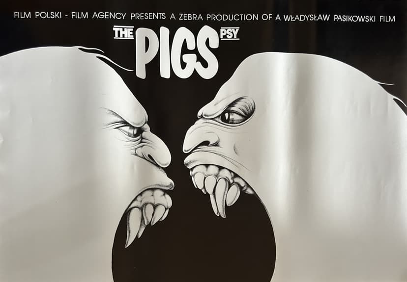 Plakat filmowy Psy, 98x68 cm, biały czarny szary, papier, aut. J. Erol, Polska, lata 90.