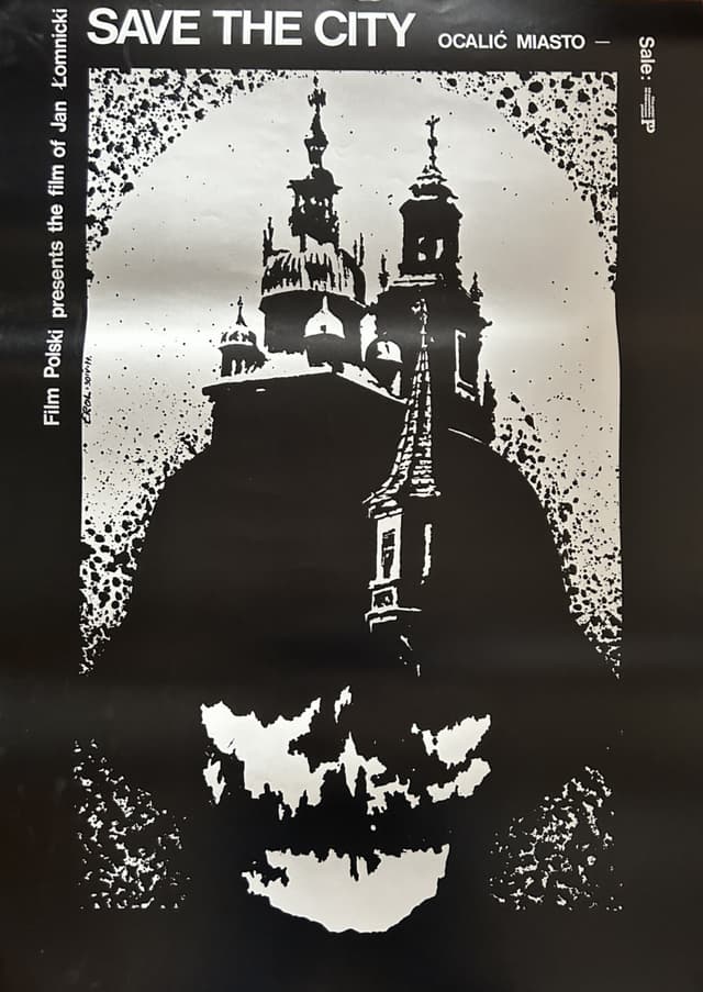Plakat filmowy Ocalić miasto, 70x100 cm, czarny, aut. J. Erol, Polska, lata 70. - WYMIARY