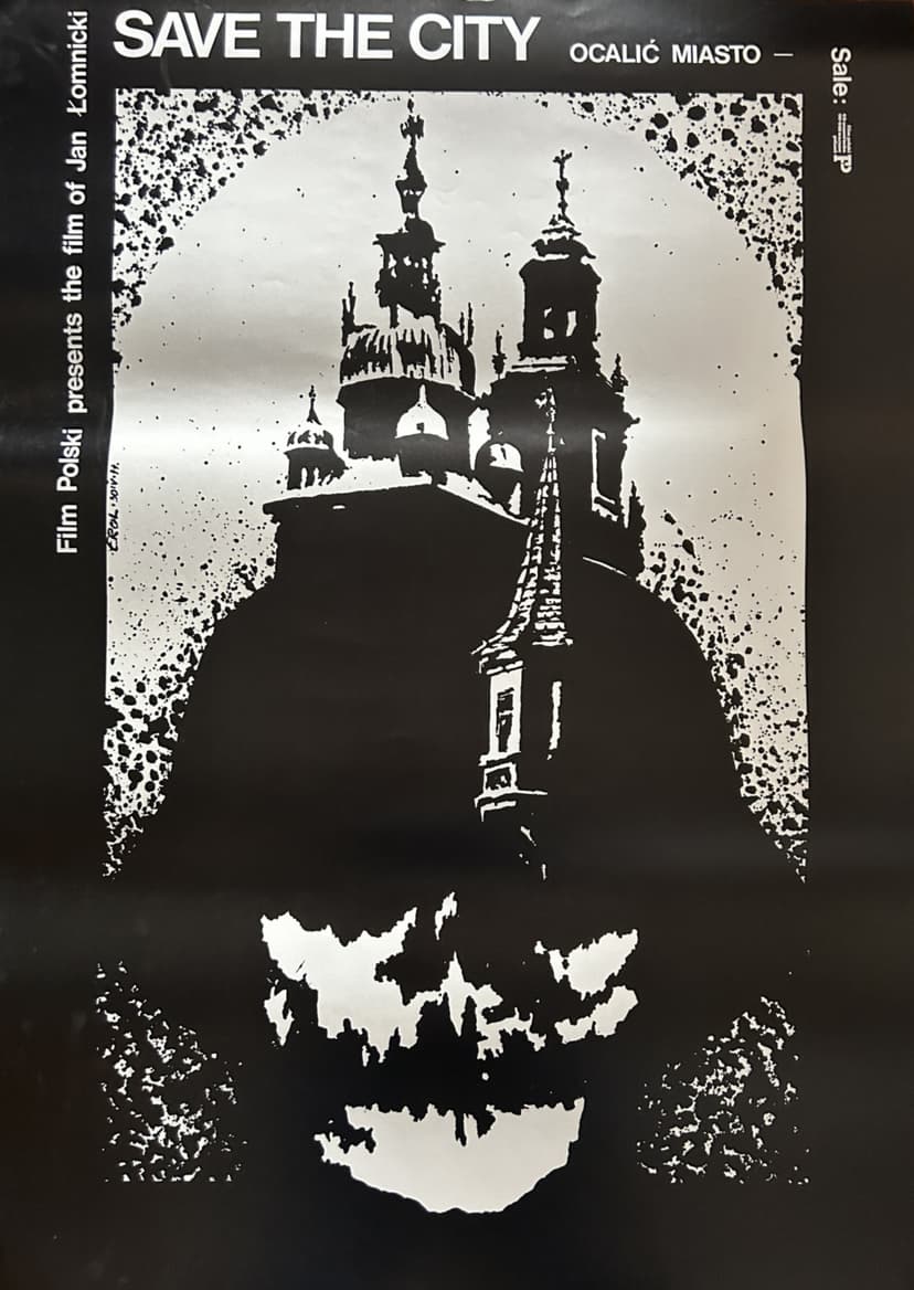 Plakat filmowy Ocalić miasto, 70x100 cm, czarny, aut. J. Erol, Polska, lata 70.