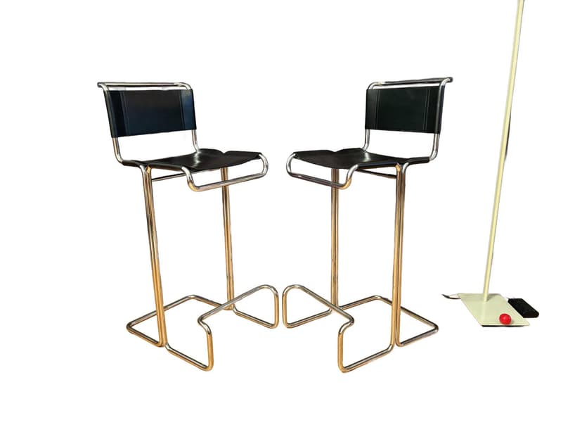 Para krzeseł barowych Linea Veam, skóra naturalna czarna, stal chromowana, Włochy, lata 80.