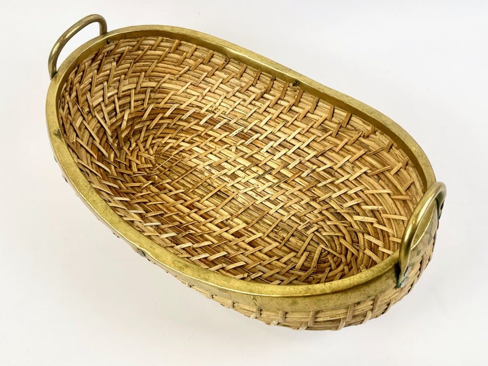 Fruit bowl, light rattan, golden brass, Italy, 1970s. - 149631