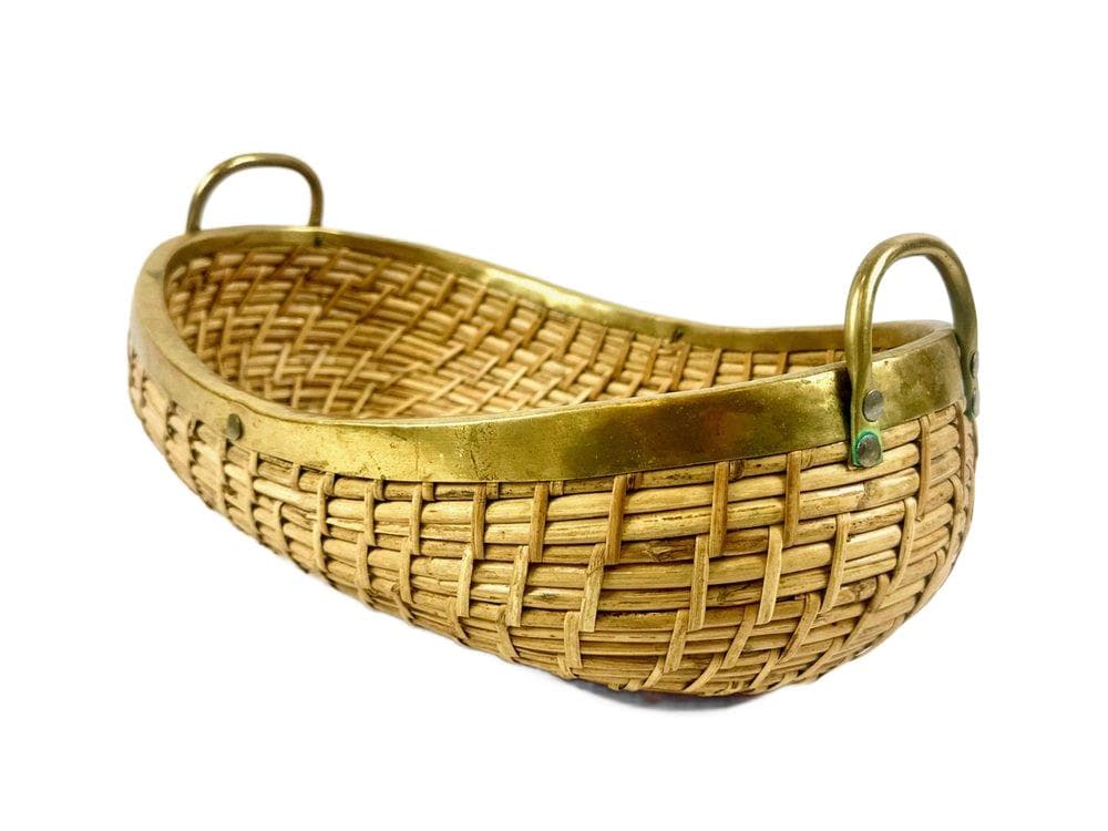 Fruit bowl, light rattan, golden brass, Italy, 1970s.