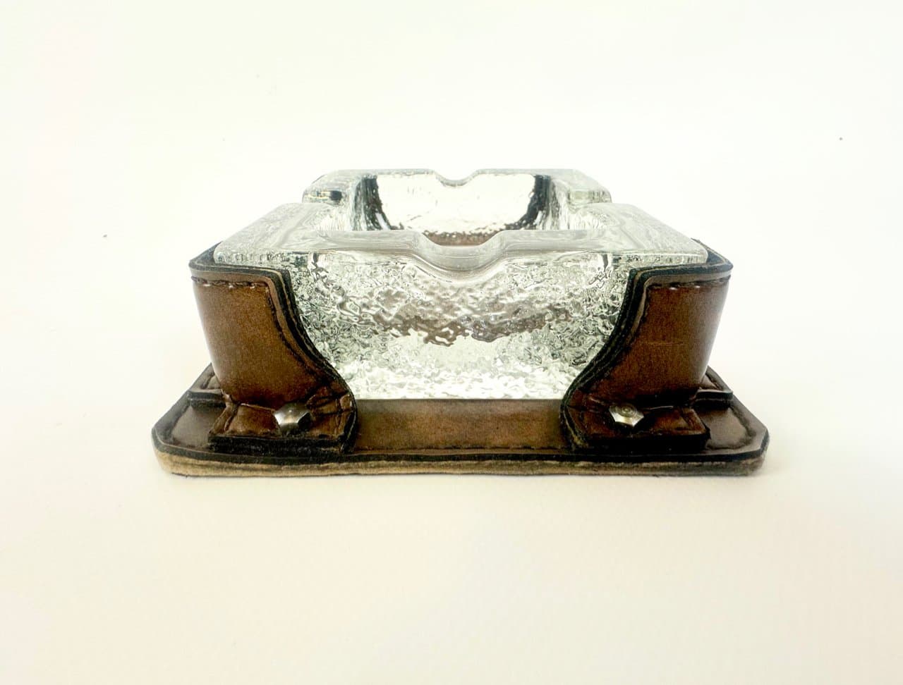 Popielniczka, kryształ brązowy, skóra naturalna brązowa, Niemcy, lata 70. - 149816