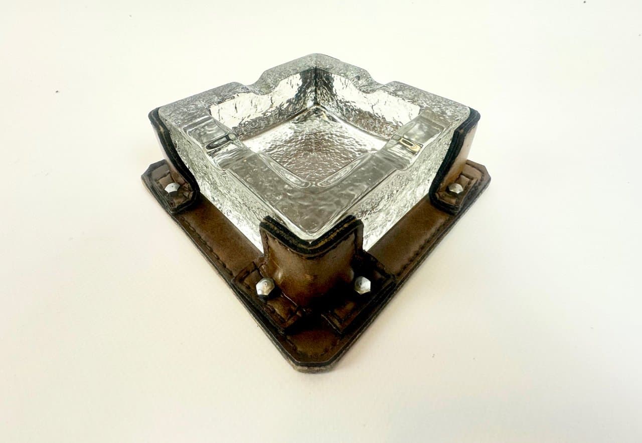 Popielniczka, kryształ brązowy, skóra naturalna brązowa, Niemcy, lata 70. - 149817