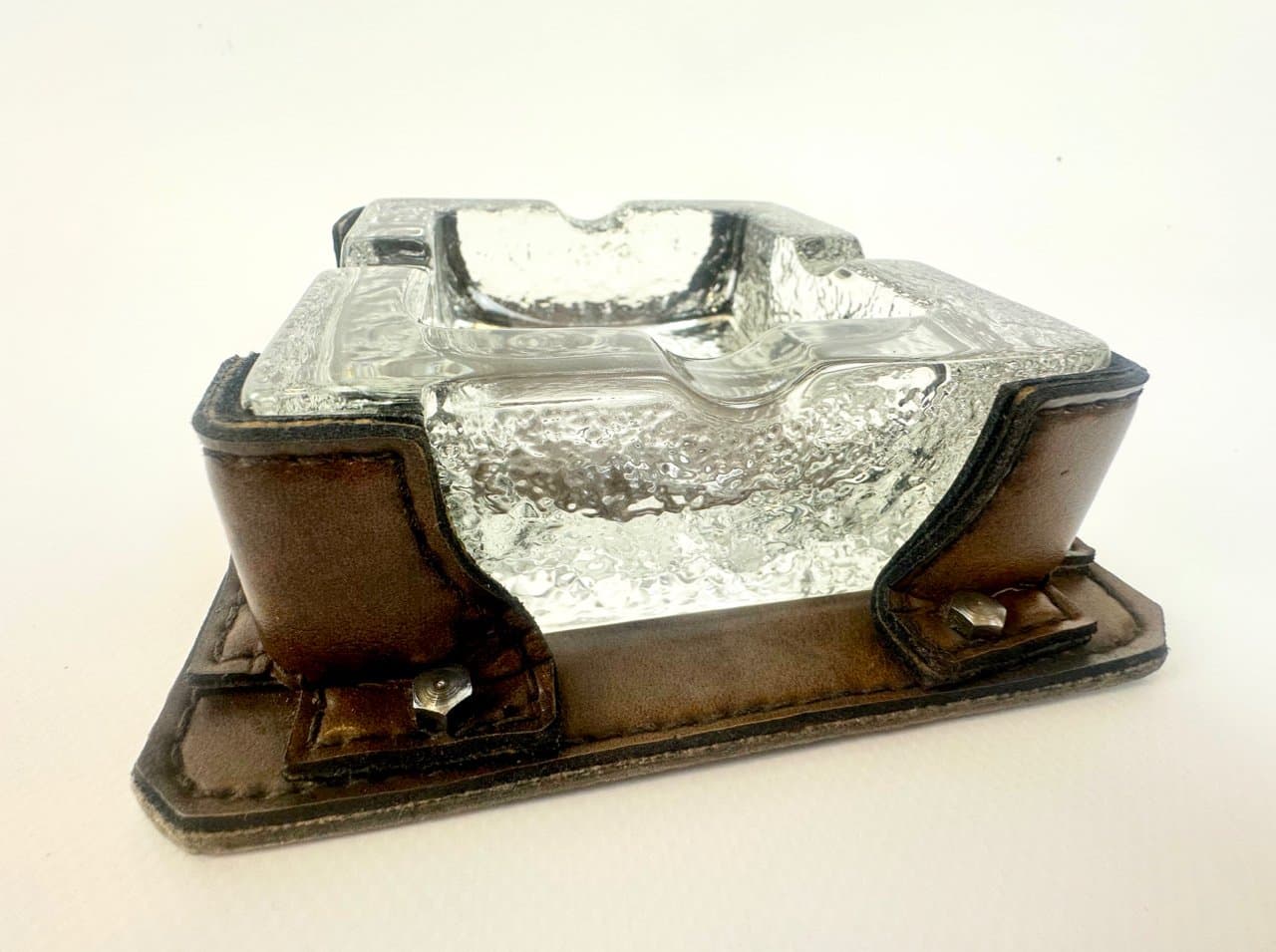 Popielniczka, kryształ brązowy, skóra naturalna brązowa, Niemcy, lata 70. - 149818