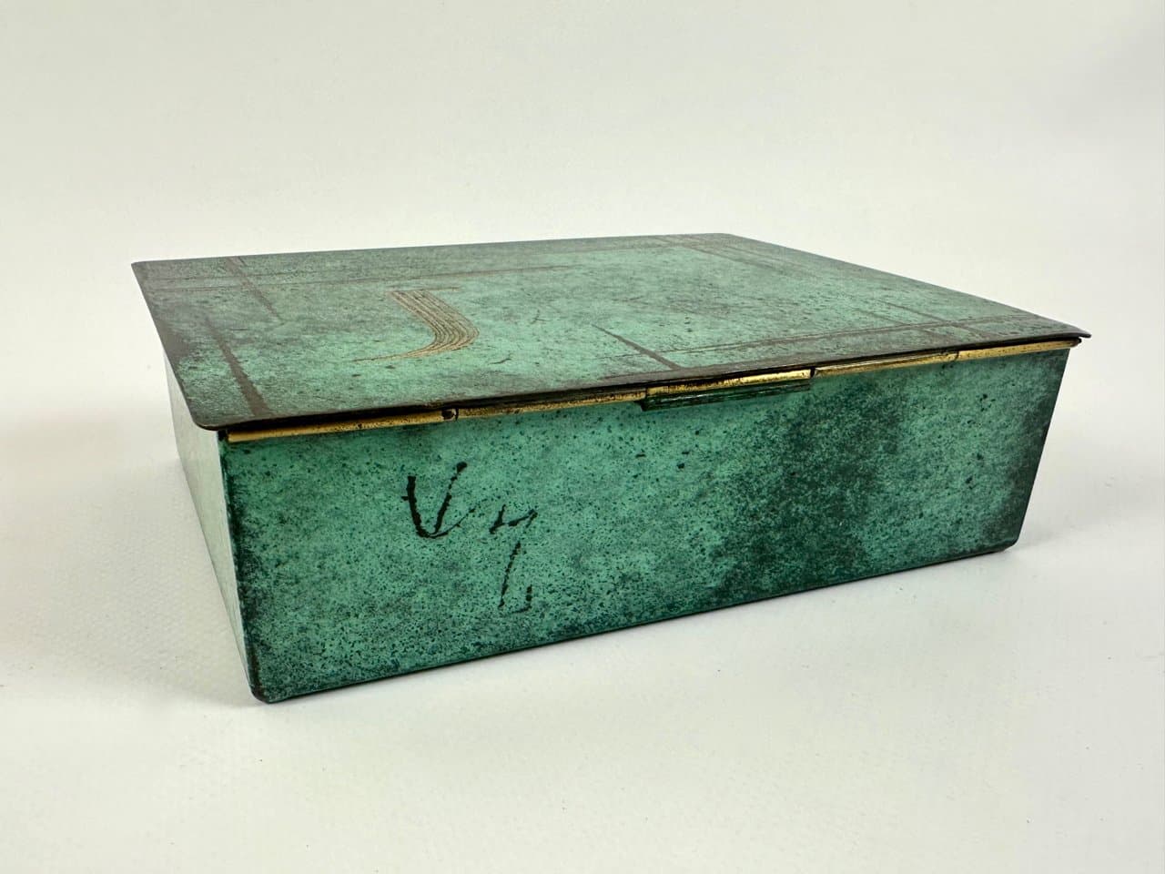 Pudełko na biżuterię Ikora, zielony, mosiądz, WMF, Niemcy, lata 30. - 149825