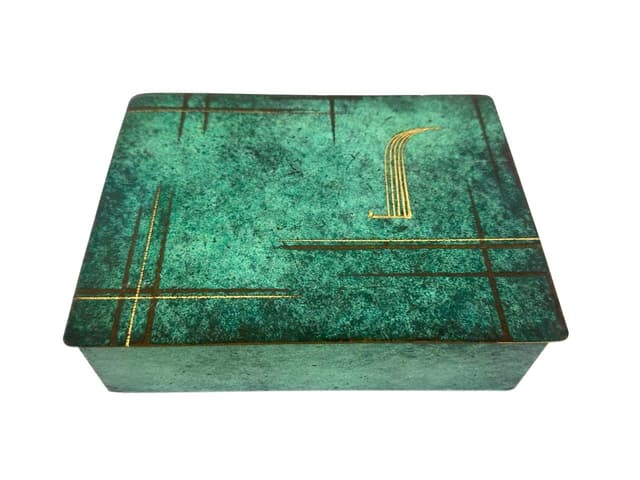 Pudełko na biżuterię Ikora, zielony, mosiądz, WMF, Niemcy, lata 30. - WYMIARY
