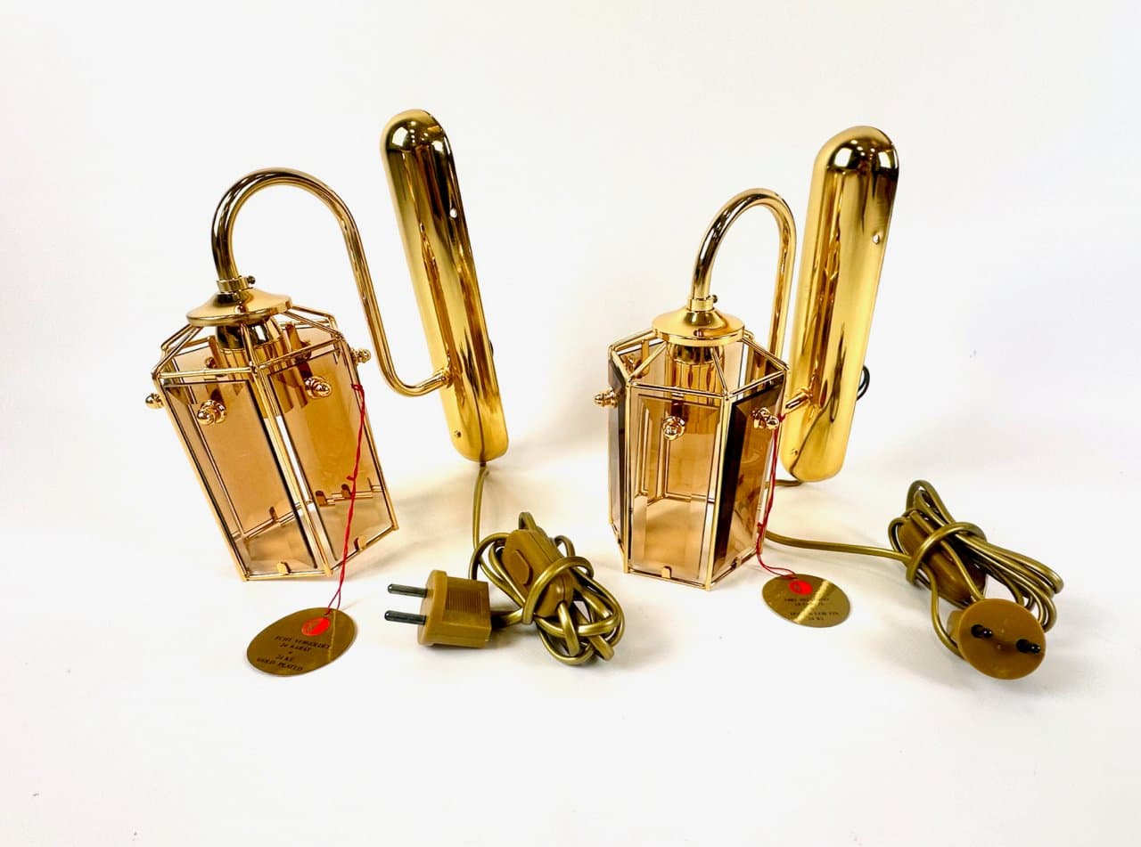 Para kinkietów Model 1720/1, złoto, szkło przydymione, Szwecja, lata 70. - 149933