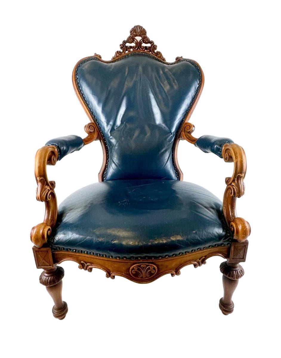Armchair, blue leather, walnut, France, 19th c.